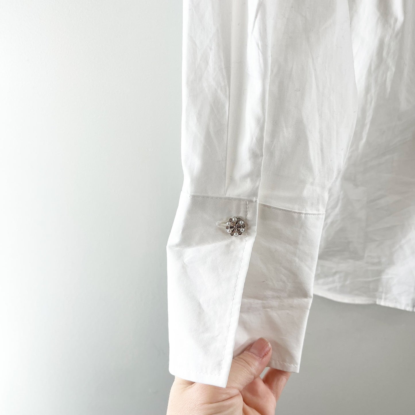ZARA Rhinestone Trim Crystal Oversized Button Down Shirt White XS