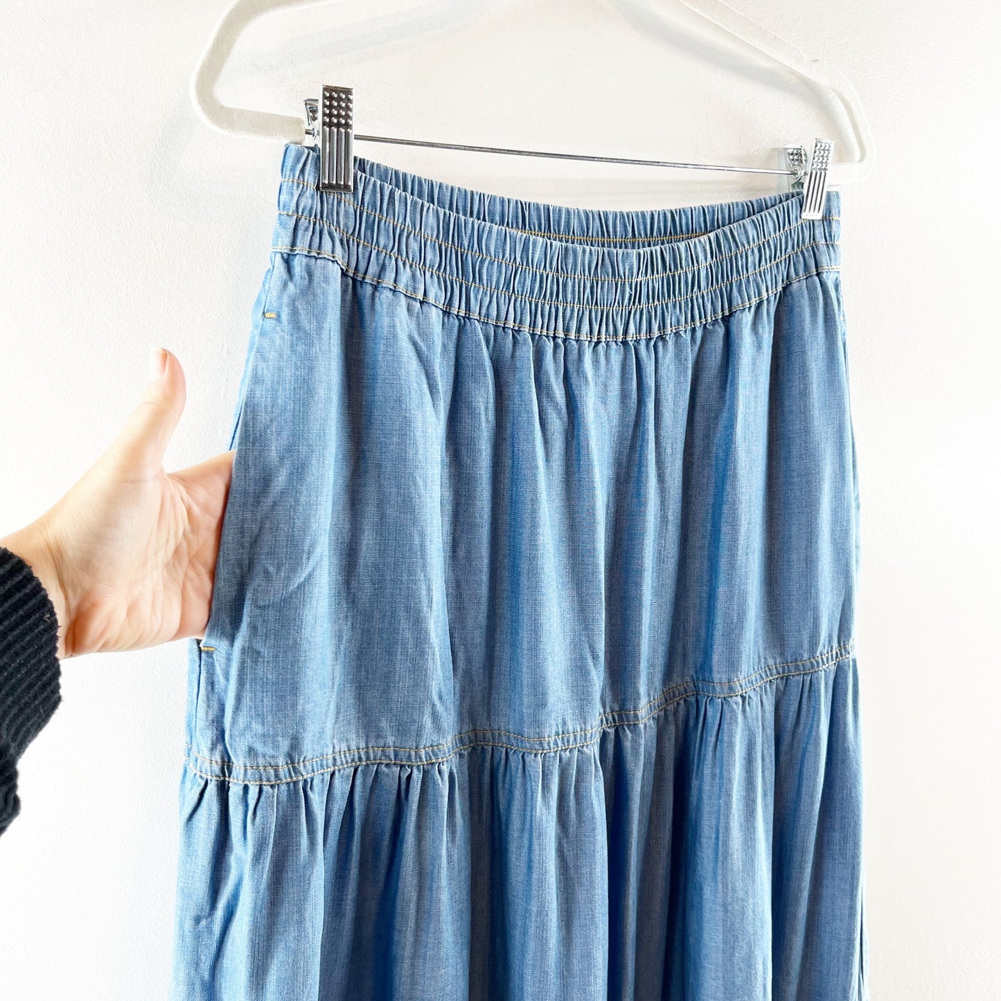 Sigrid Olsen Denim Button Front Vest & Tiered Maxi Skirt Set Blue Medium