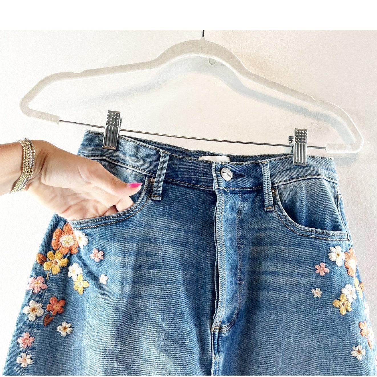 Driftwood Piper Embroidered Floral Midi Denim Skirt with Front Slit Blue 26