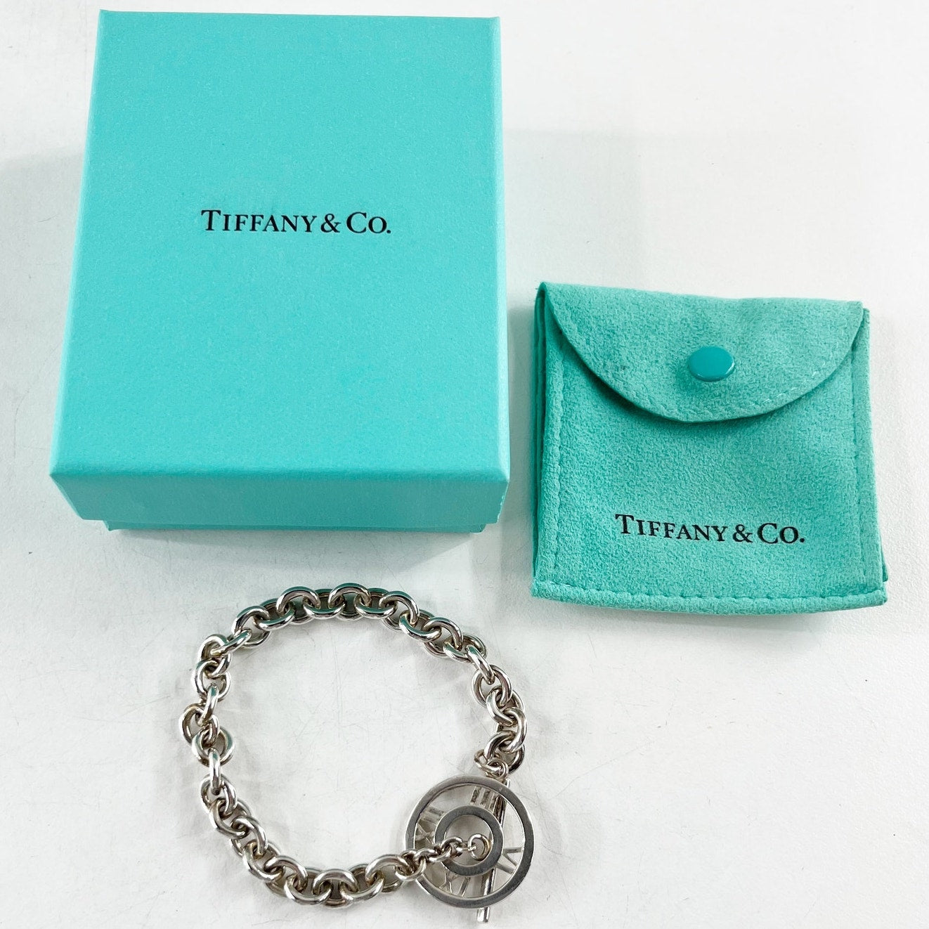 Tiffany & Co. 2003 Atlas 925 Silver Chain Toggle Charm Bracelet with Pouch
