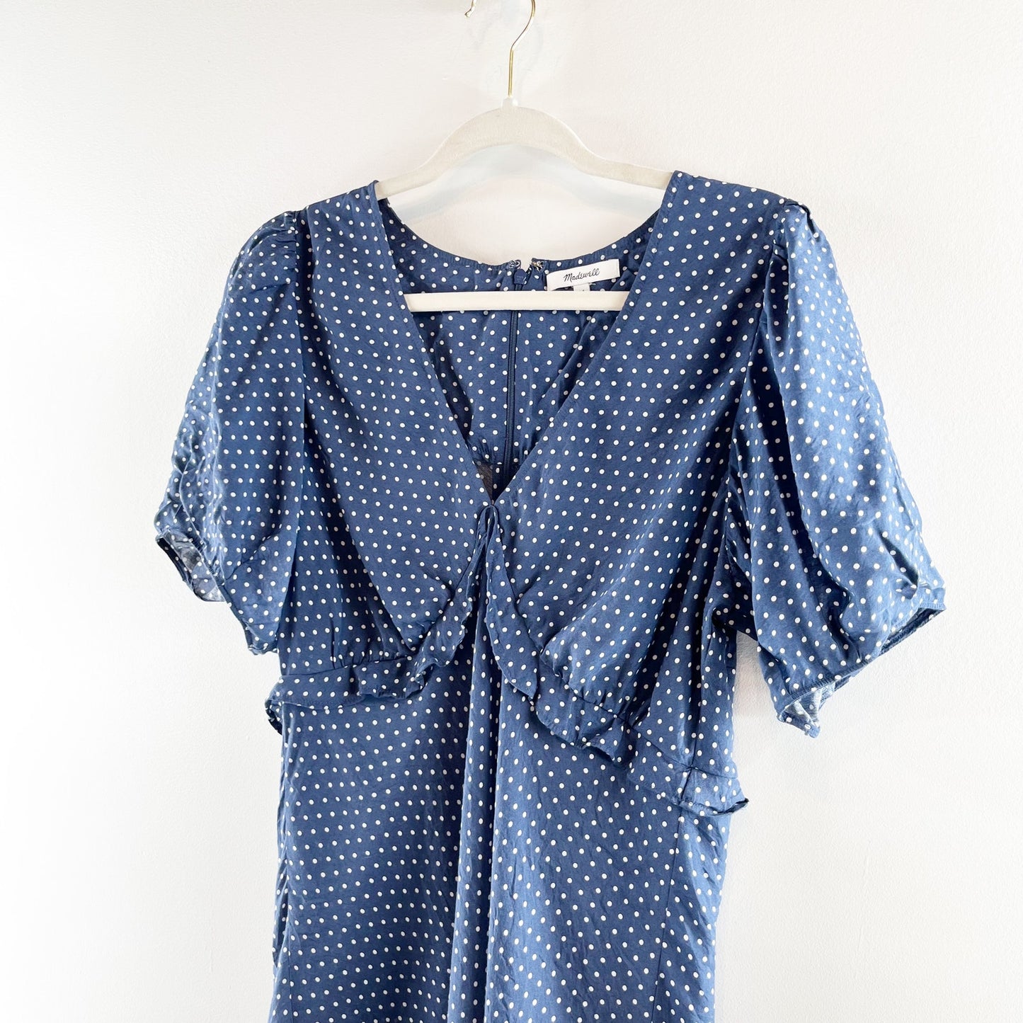 Madwell Puff-Sleeve Ruffle Mini Dress in Polka Dot Curfew Blue 14