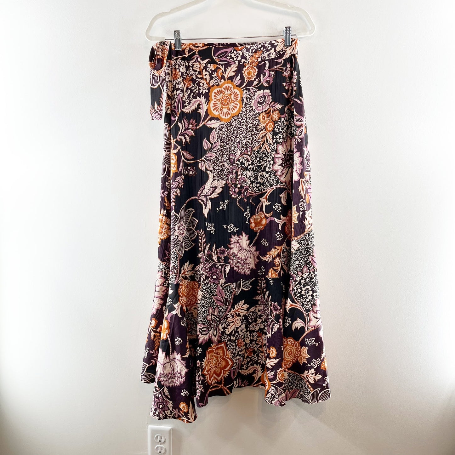 Maeve Anthropologie Wrap Side Tie Ruffle Hem Satin Floral Midi Skirt Purple XS