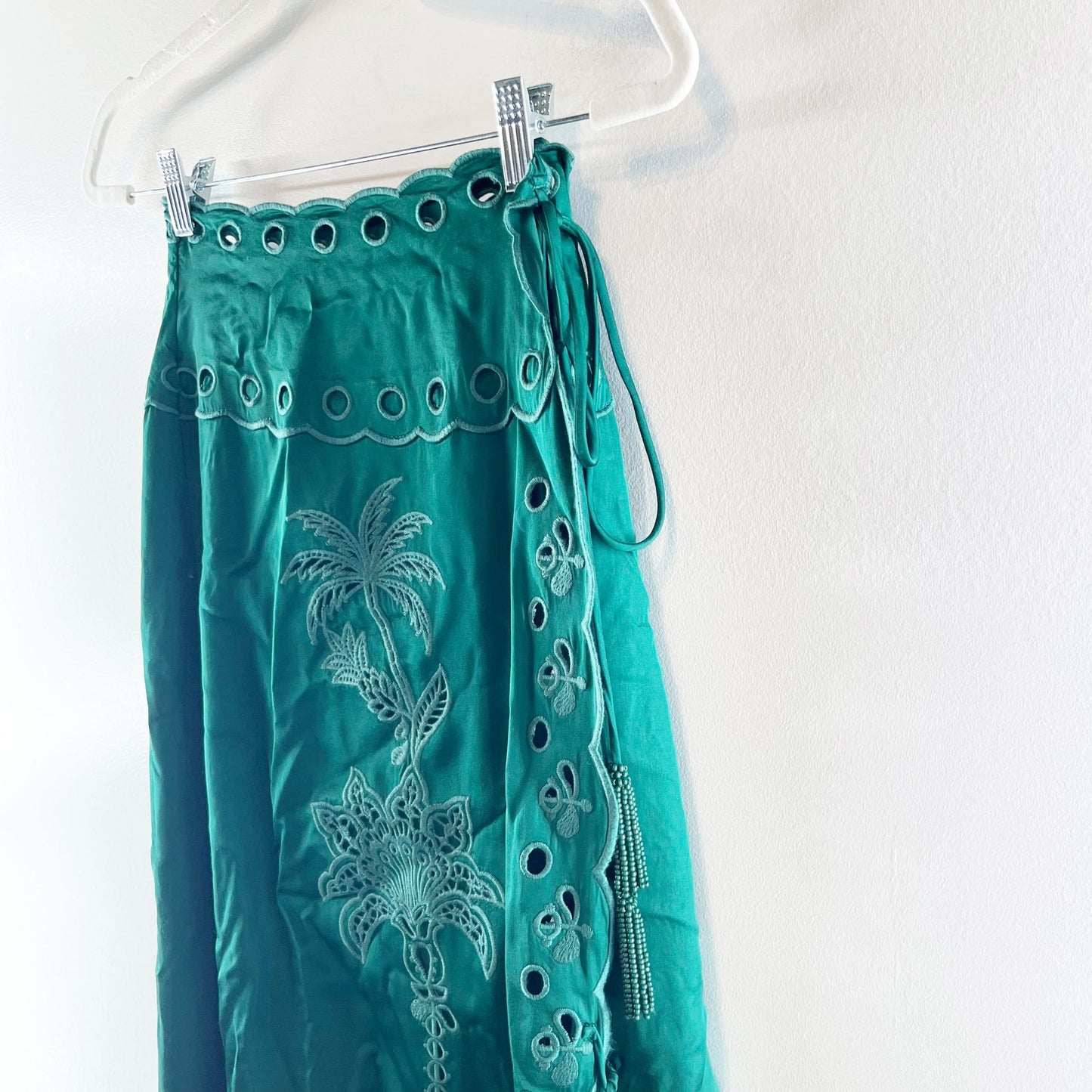 Farm Rio Richilieu Broderie Anglaise Satin Wrap Midi Skirt Green XS