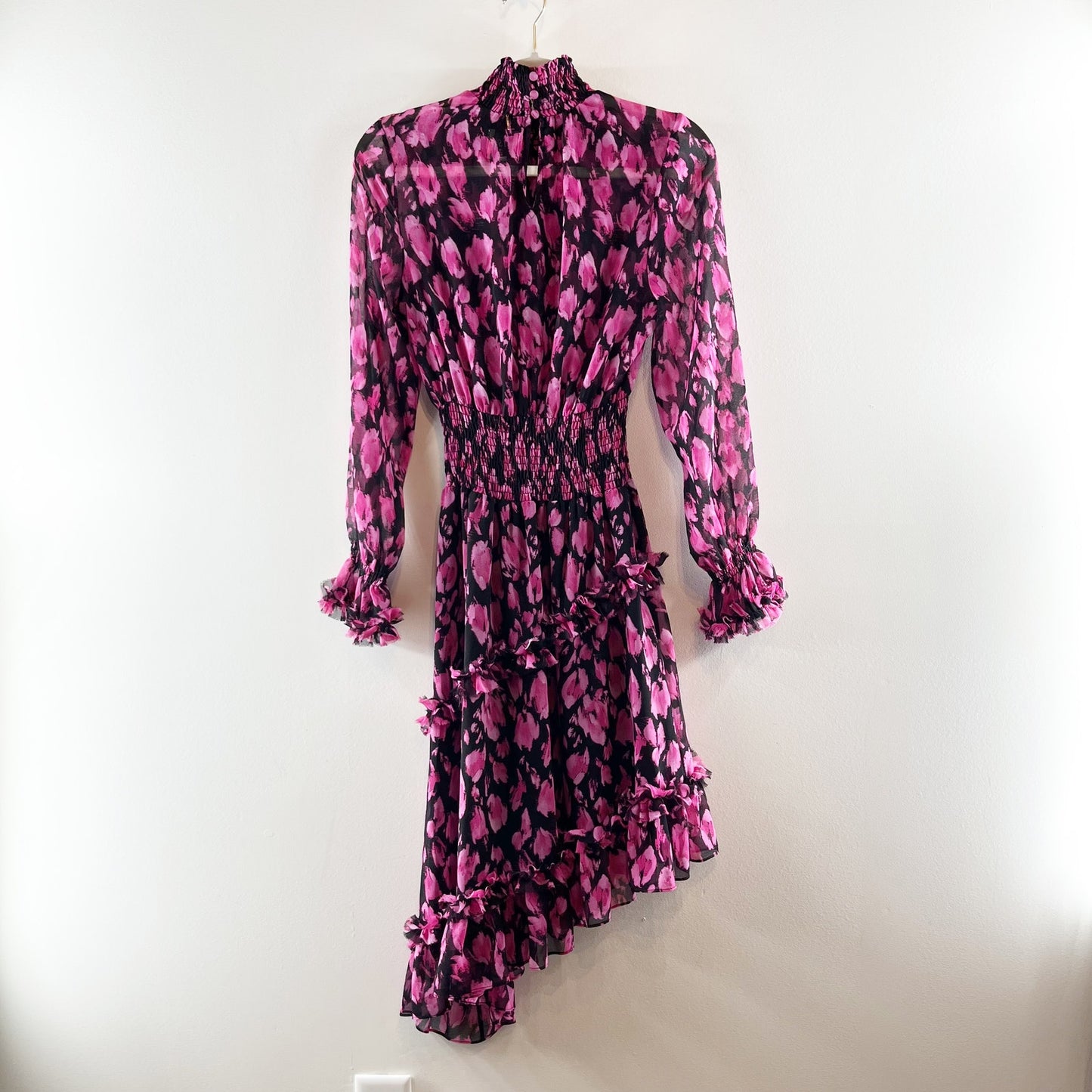 MISA Los Angeles Lupita Long Sleeve Asymmetrical Floral Mock Neck Dress Pink XS