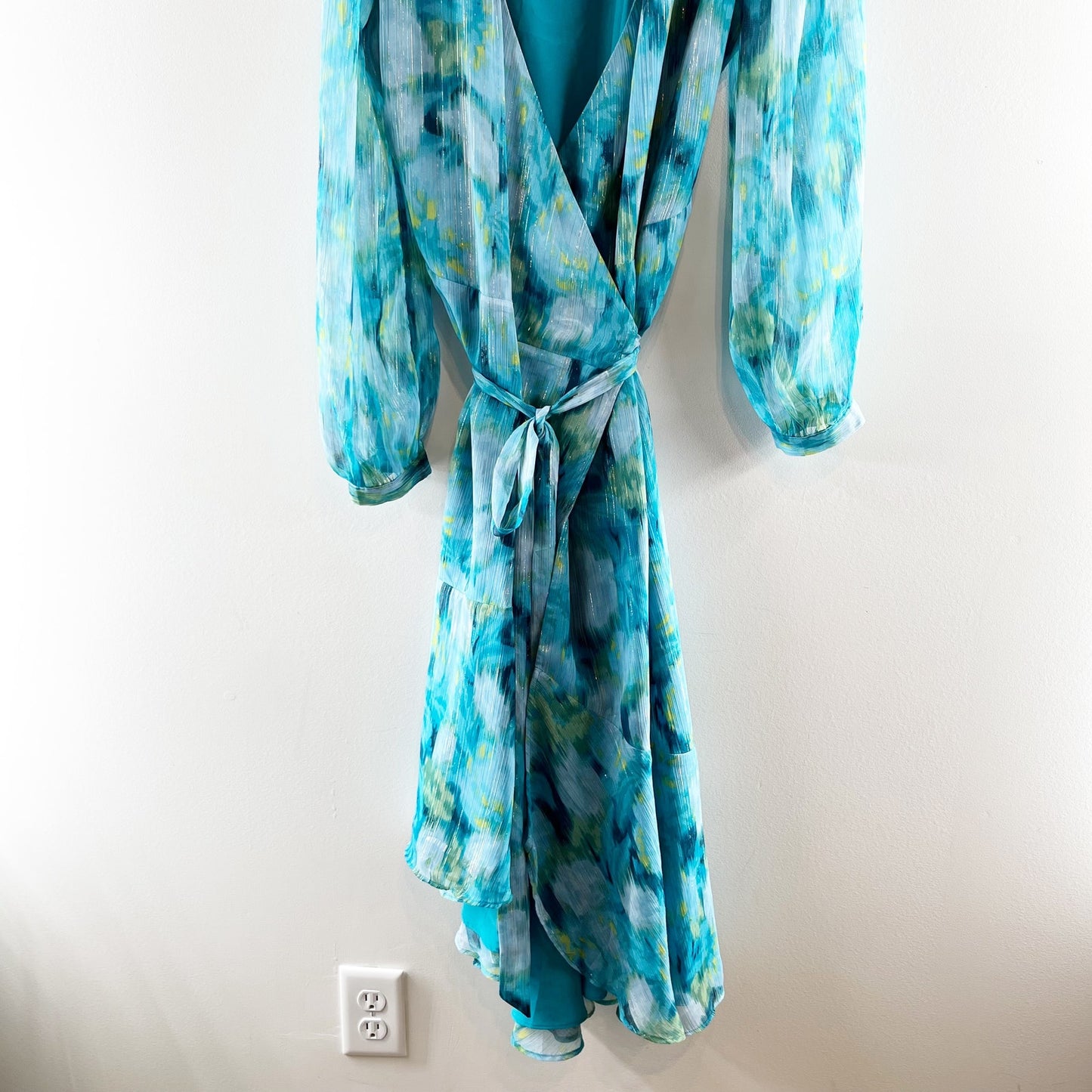 Loft Watercolor Floral Chiffon Puff Long Sleeve Midi Wrap Dress  Blue 10