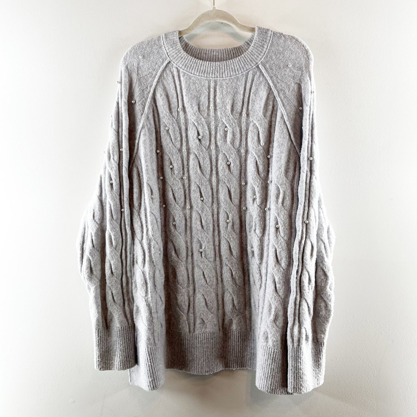 Aerie unReal Crewneck Long Sleeve Cable Pearl Detail Sweater Gray Large