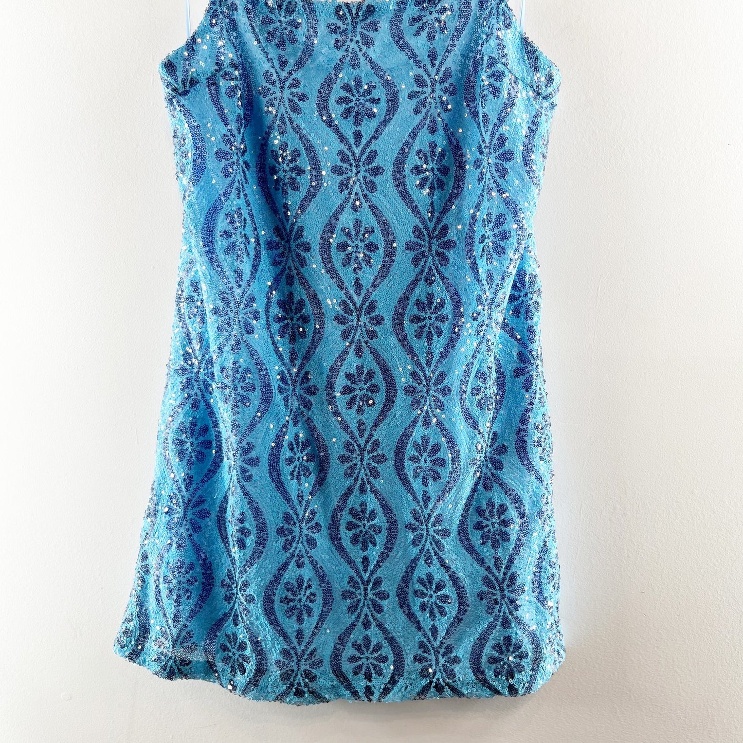 Free People Retro Babe Floral Sequin Square Neck Mini Slip Dress Blue XL