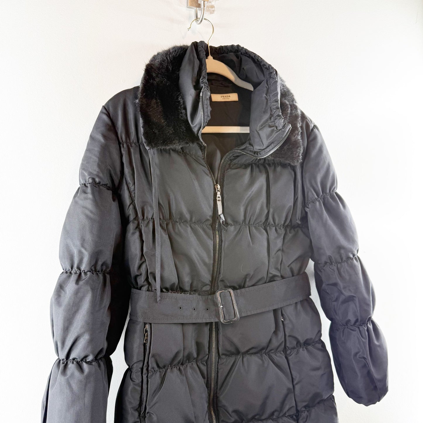 Prada Down Fur Trim Parka Puffer Coat Jacket Belted Black 42 / 12