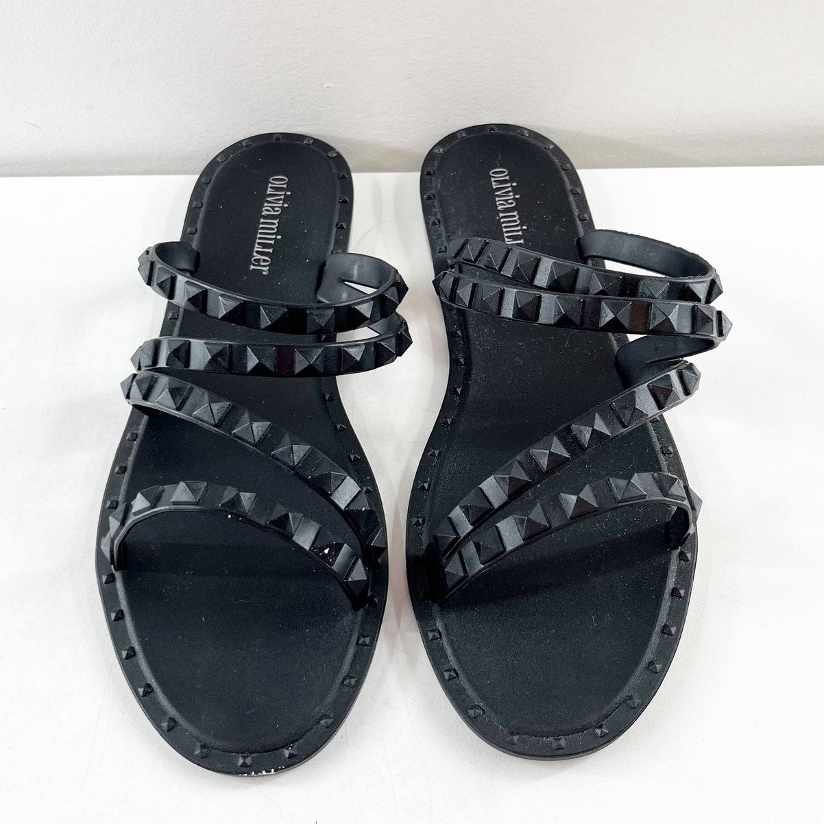 Olivia Miller Strappy Studded Slide Sandals Black 10