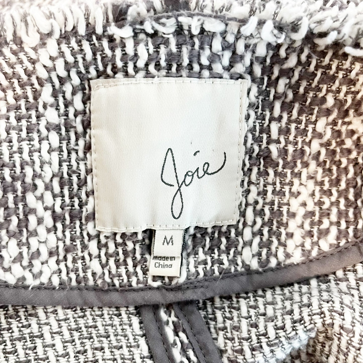 Joie Collins Long Sleeve Raw Cut Full Zip Tweed Blazer Jacket Gray/White Medium