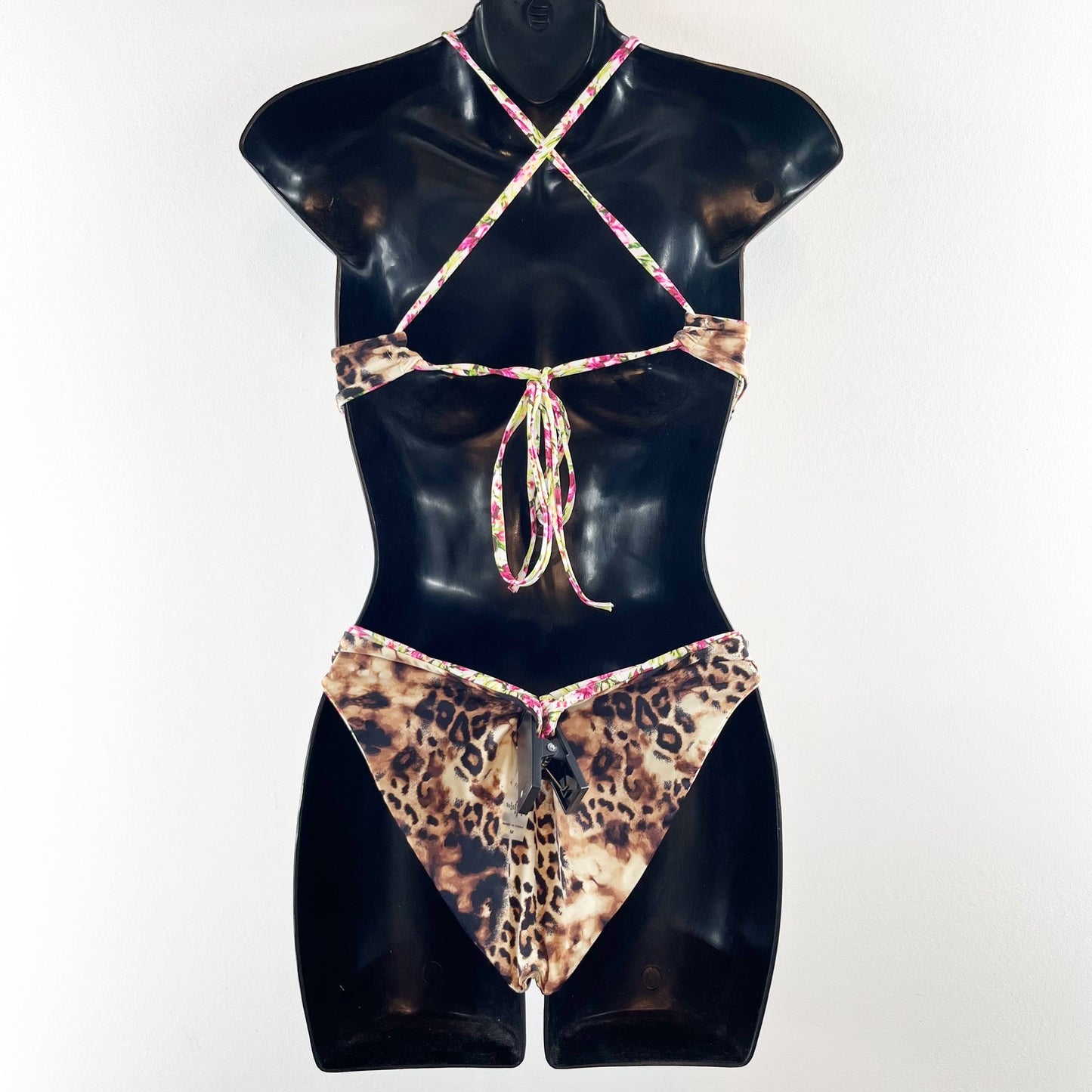 TiNiBiKiNi Leopard Floral Reversible Bikini High Neck Set Brown Pink Medium