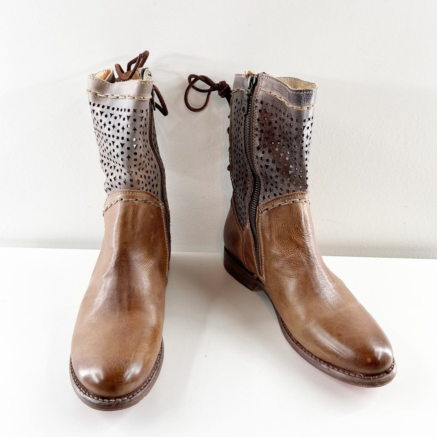 Bed Stu Cheshire Lace-Up Ankle Boots Tan Rustic Taupe Brown Leather 9.5