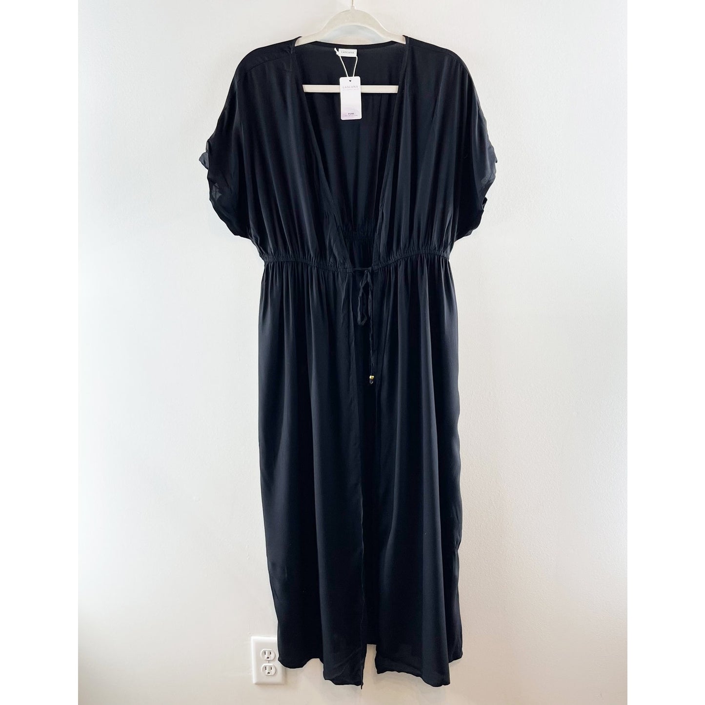 Lascana Short Sleeve Tie Front Maxi Duster Cover Up Black 10