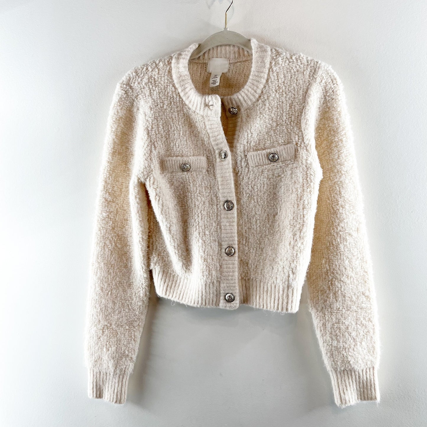 H&M Bouclé Long Sleeve Pocket Button-Front Cardigan Sweater Cream Small