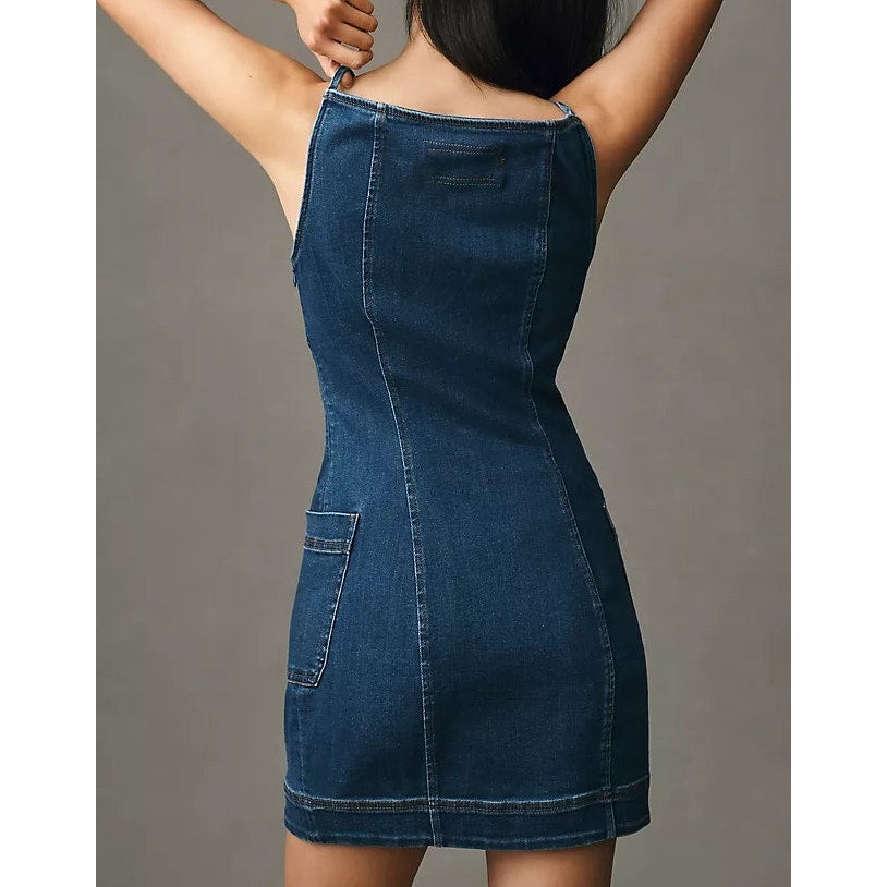 Maeve Anthropologie High Square-Neck Button-Front Denim Mini Dress Blue Medium