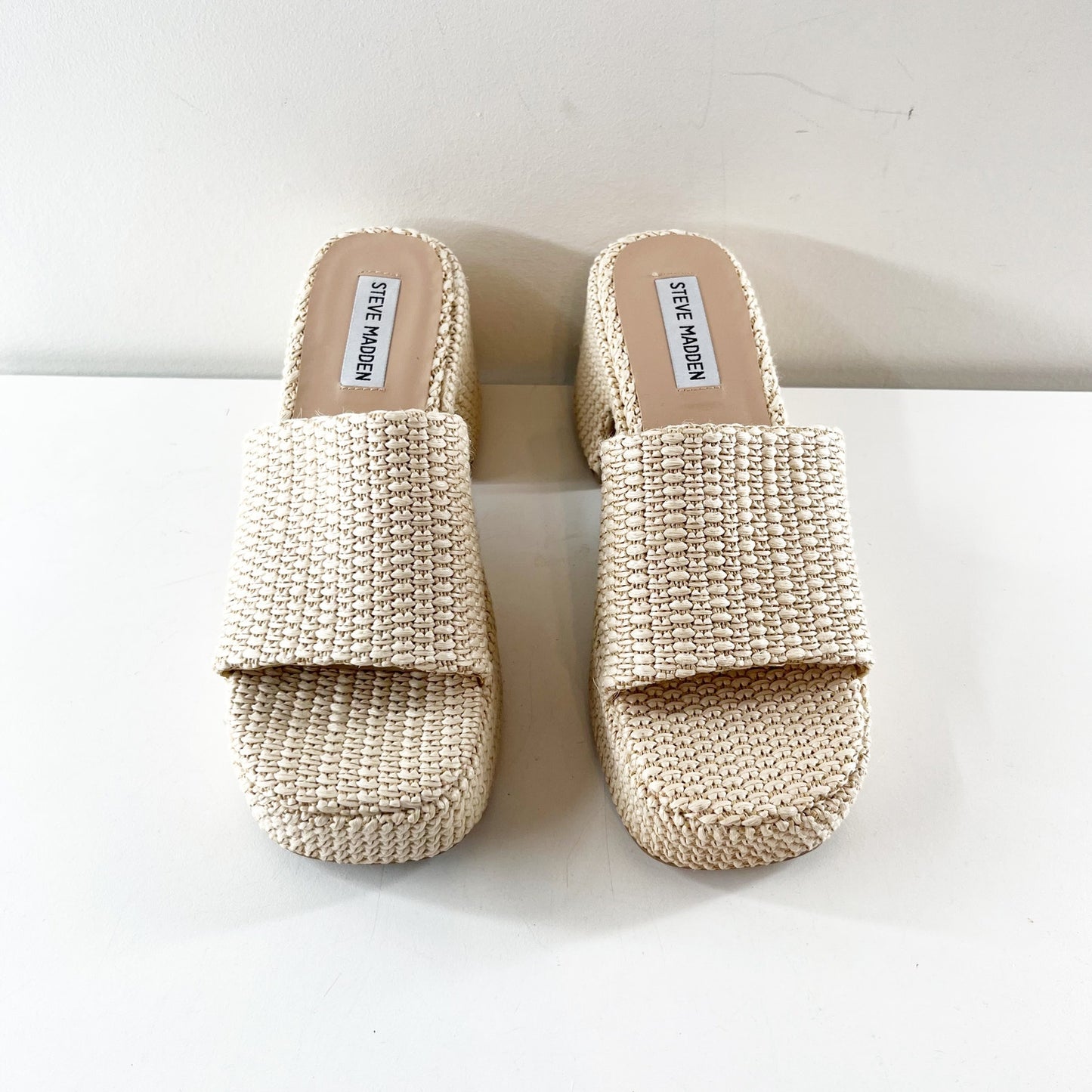 Steve Madden Troyye Platform Block Heel Raffia Sandals Bone Tan