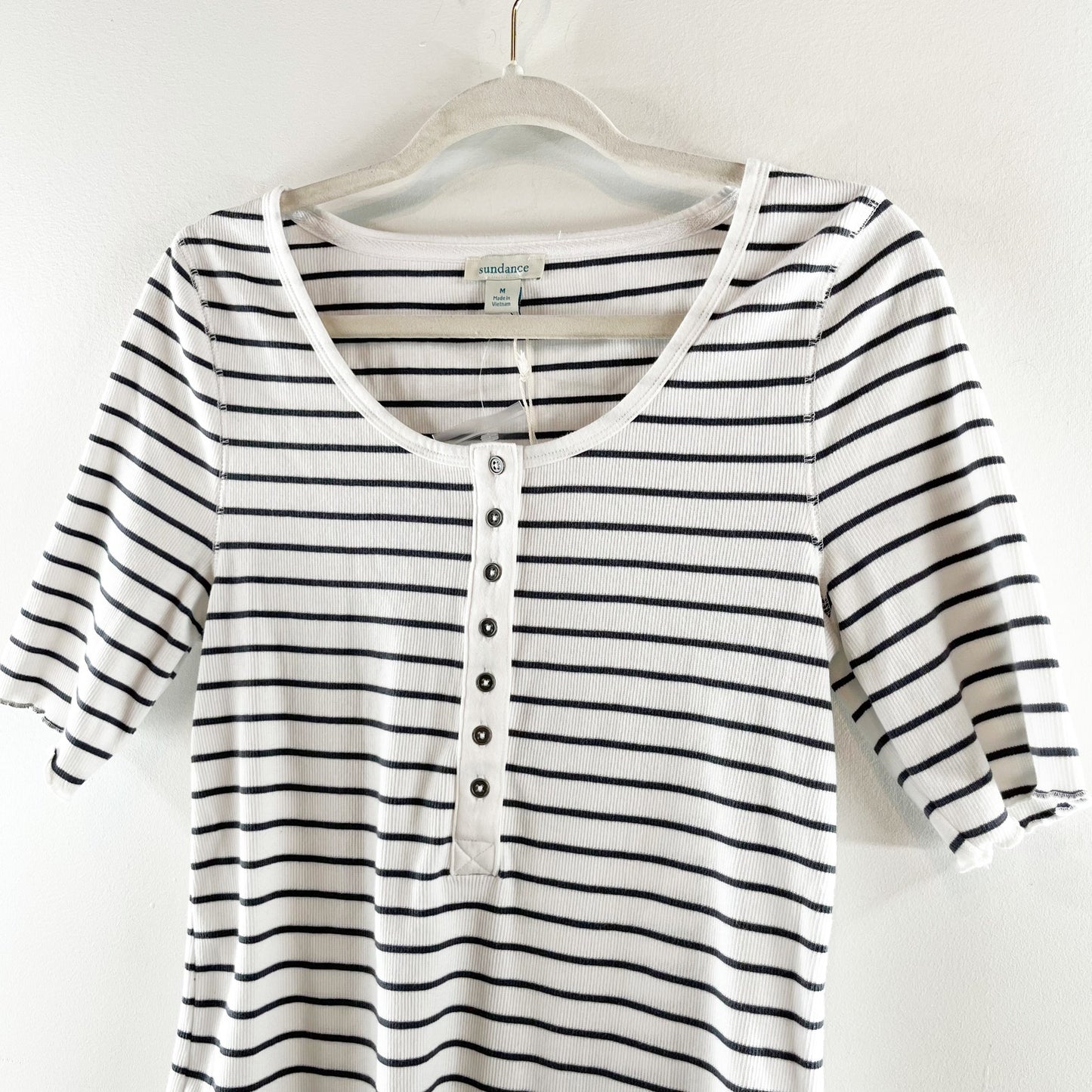 Sundance Cotton Striped Short Sleeve Scoopneck Henley Tee Shirt White Blue Small
