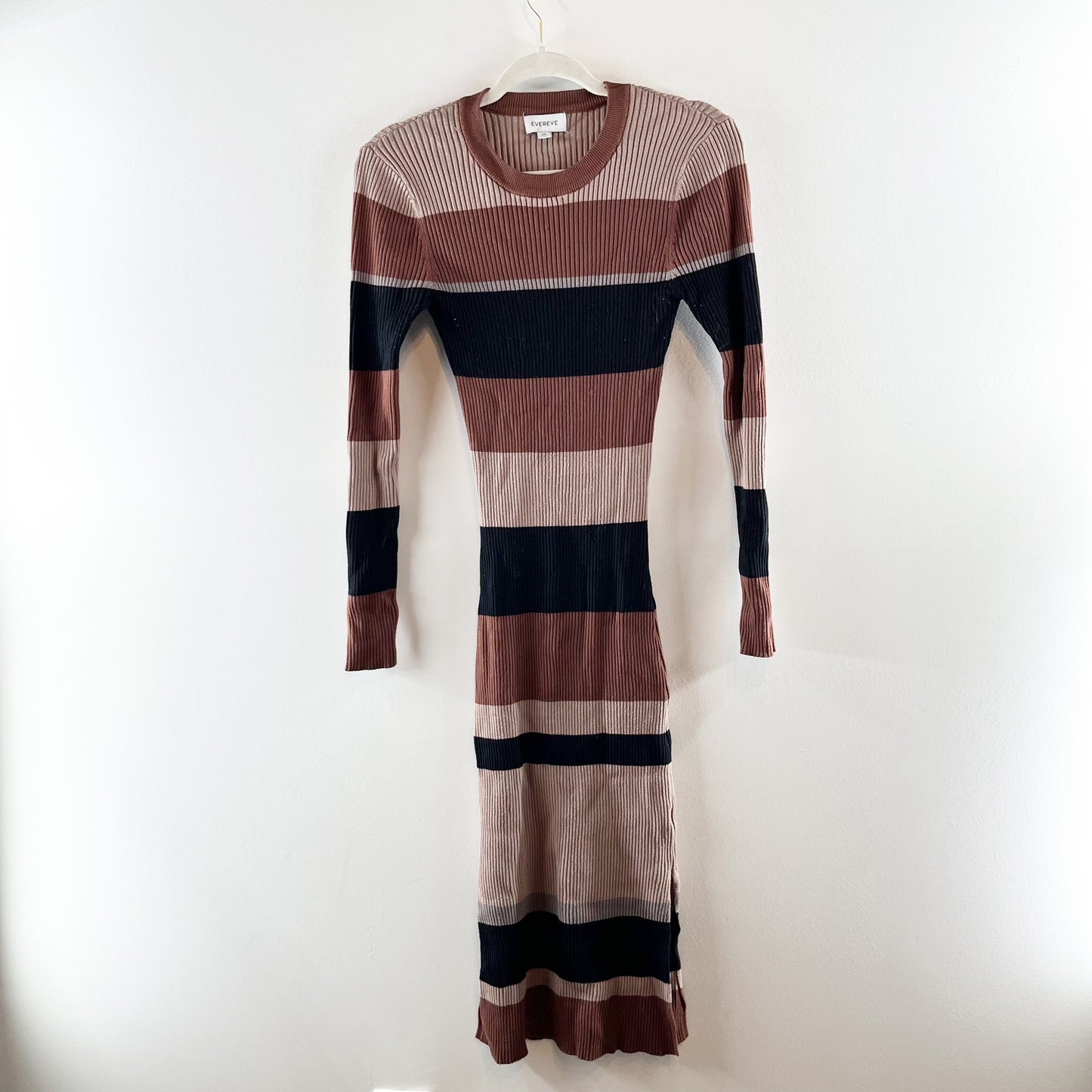 Evereve Ribbed Long Sleeve Striped Sweater Midi Dress Brown XS