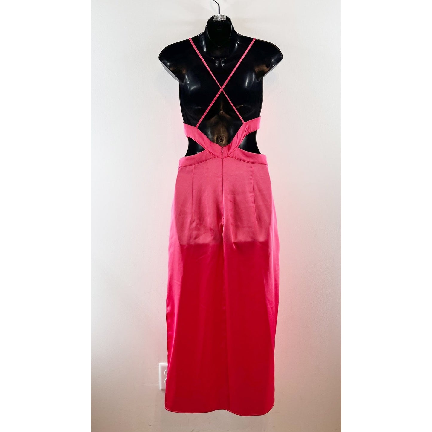 Zara Satin Sleeveless V-Neck Slip Midi Dress with Waist Cutout Pink Medium