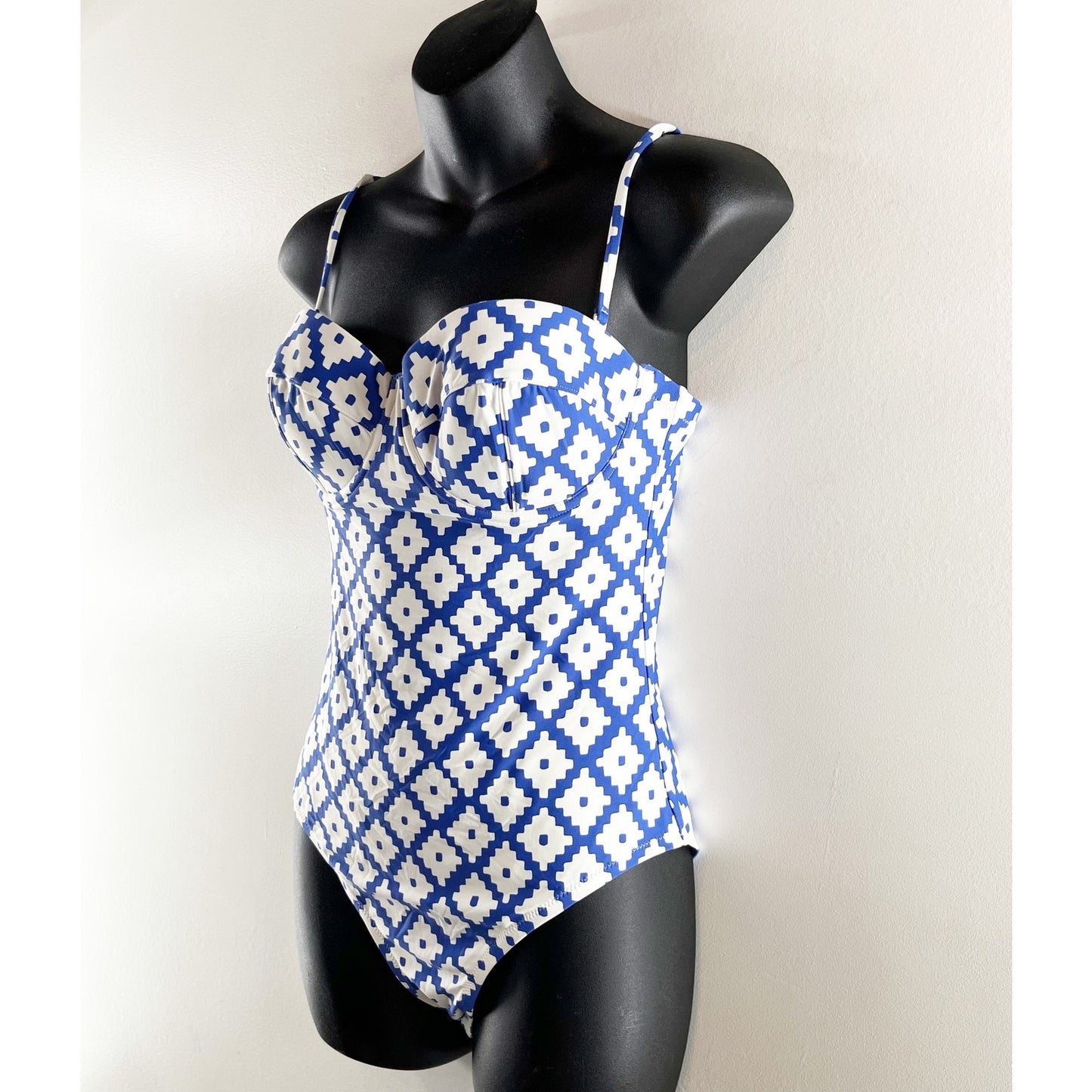 J. Crew x SZ Blockprints Geo One Piece Swimsuit Bathing Suit Blue White 8