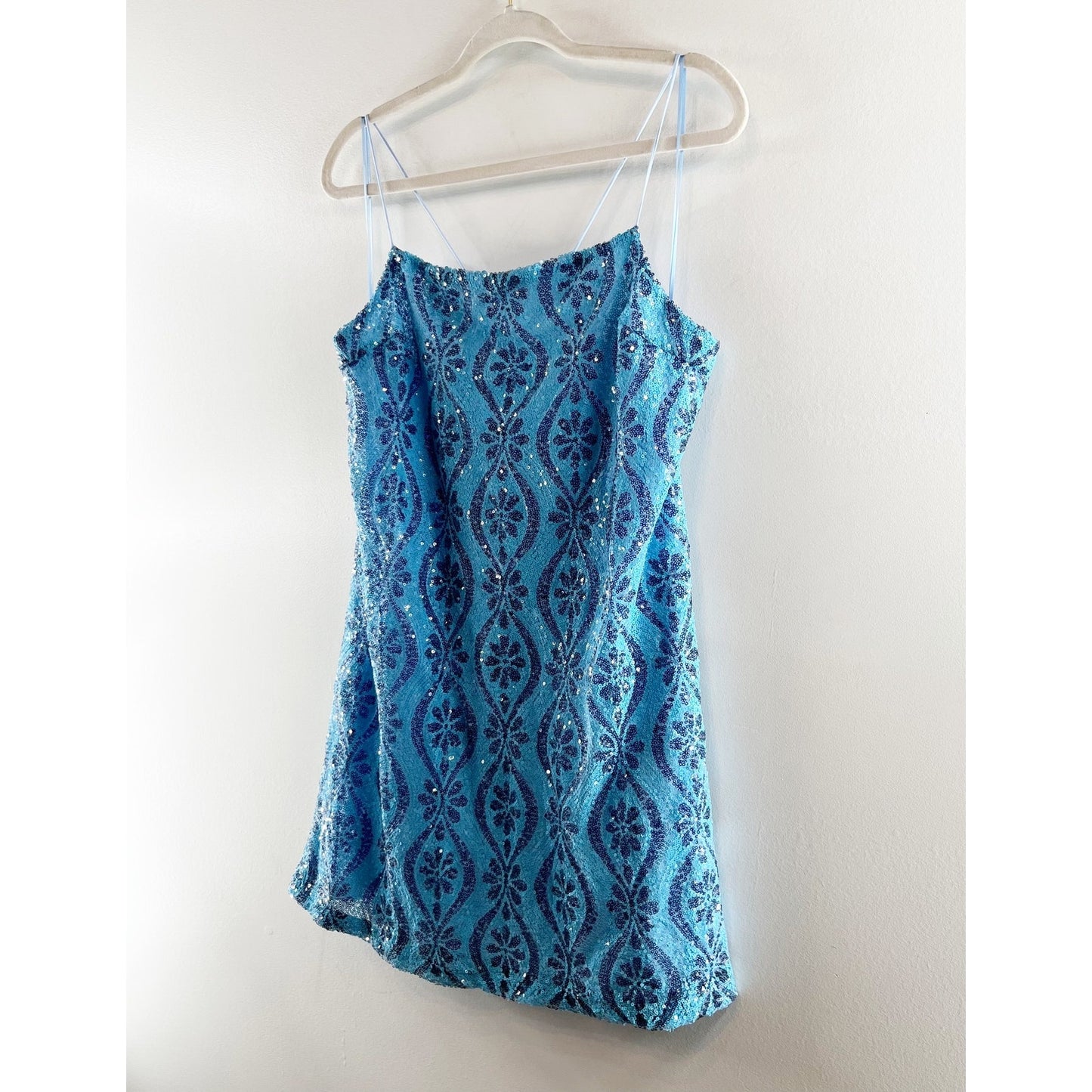 Free People Retro Babe Floral Sequin Square Neck Mini Slip Dress Blue XL