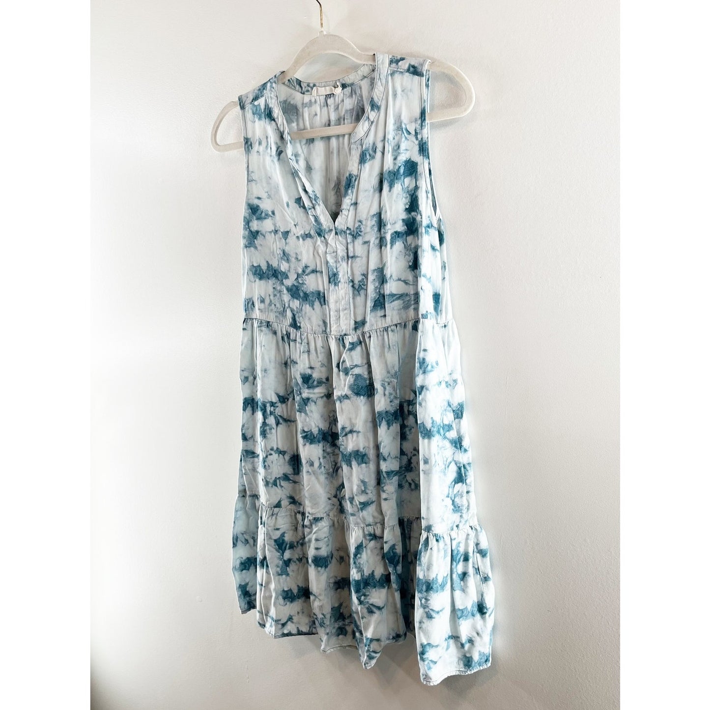 Carve Designs Button Front Babydoll Tunic Tie Dye Mini Dress White Blue Small