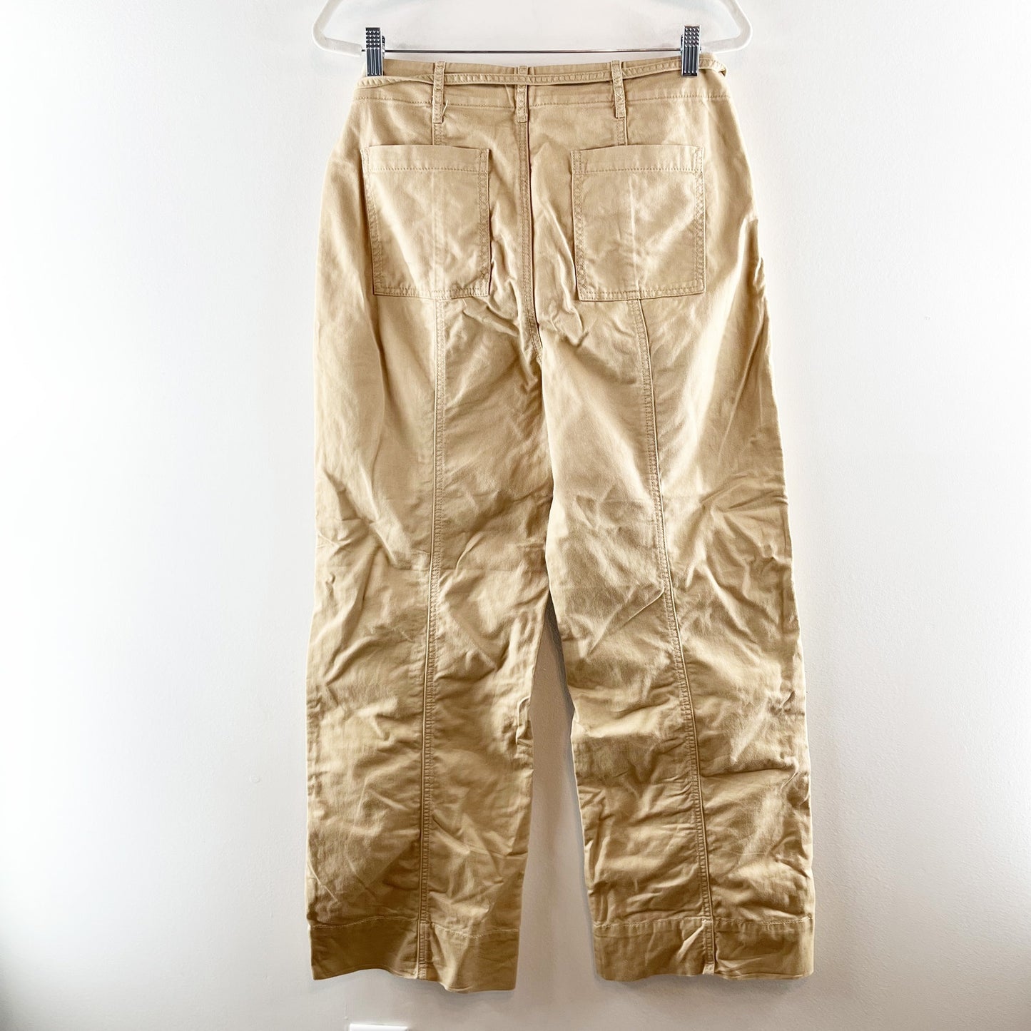 LOFT High Rise Belted Stovepipe Wide Leg Trouser Khaki Pants in Twill Tan 10