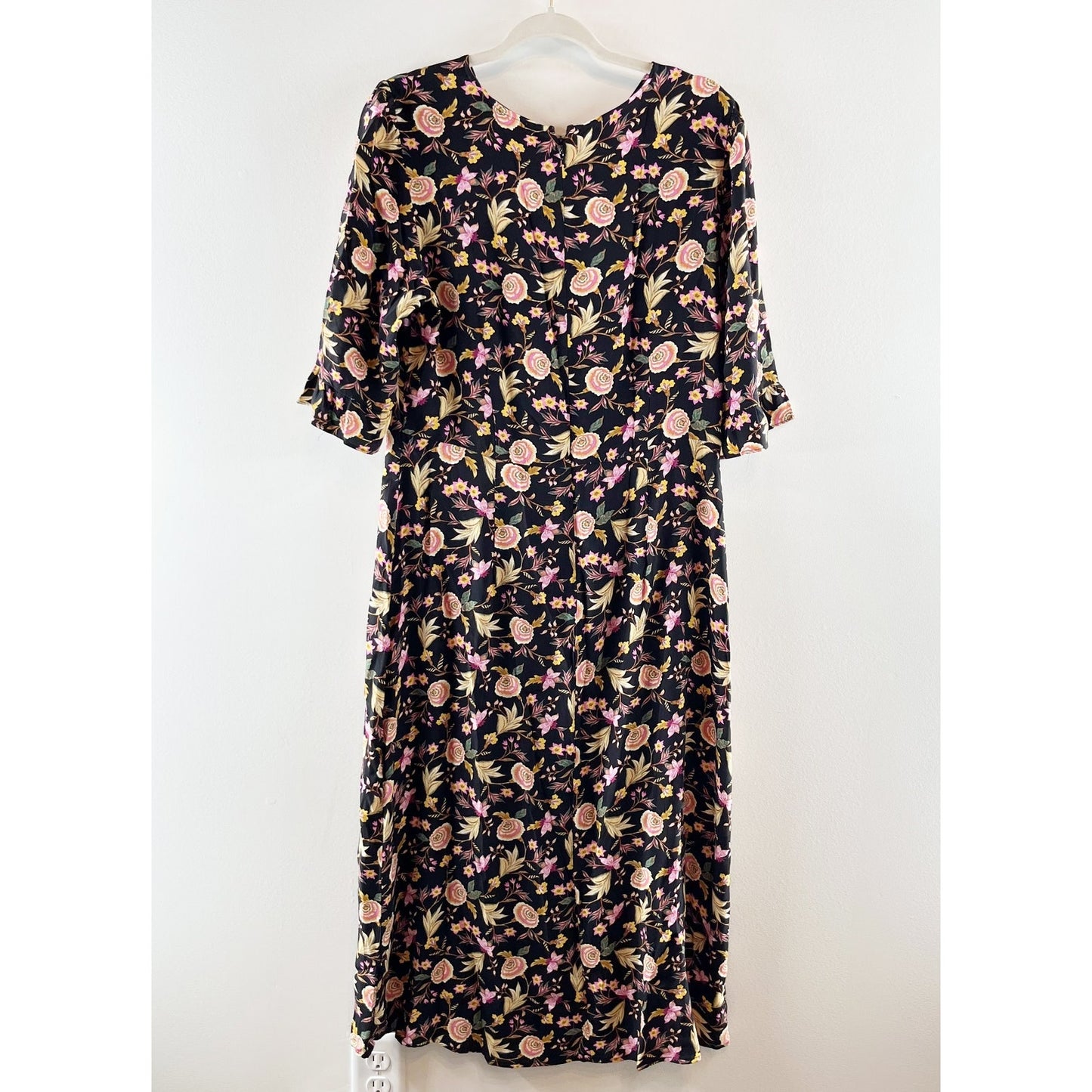 LOFT Floral Print Ruffle Sleeve Side Slit Viscose Shift Midi Dress Black 12