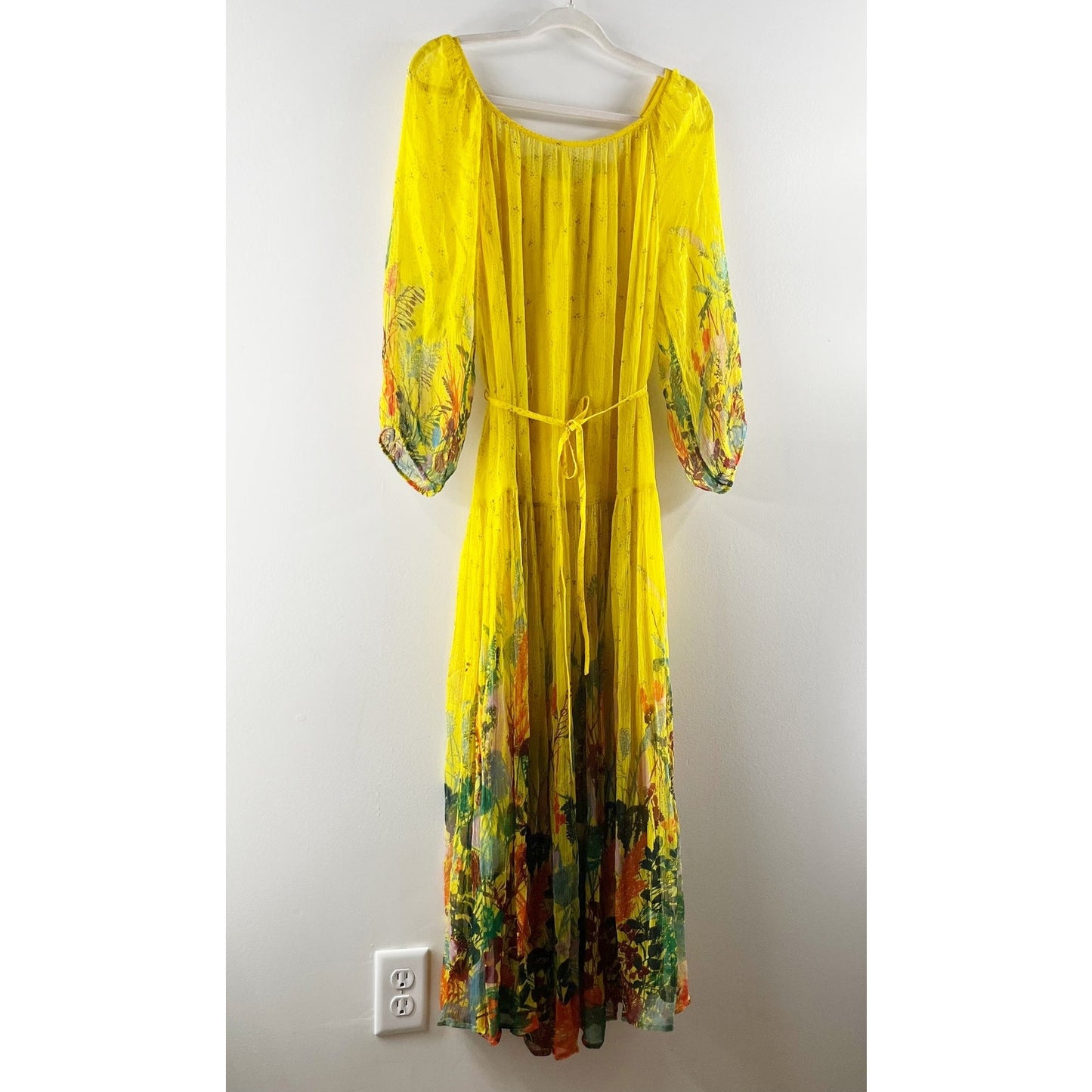Anthropologie Tarin Scoopneck Tie Waist 3/4 Sleeve Floral Maxi Dress Yellow S