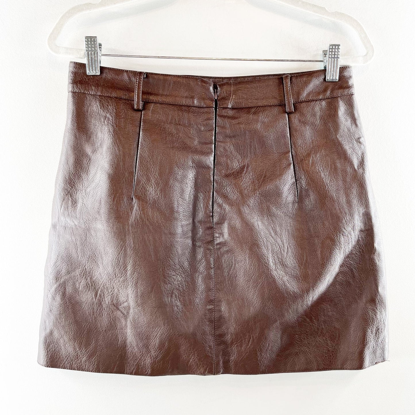 RAGA Nyla Faux Leather High Waisted A Line Mini Skirt Chocolate Brown Large