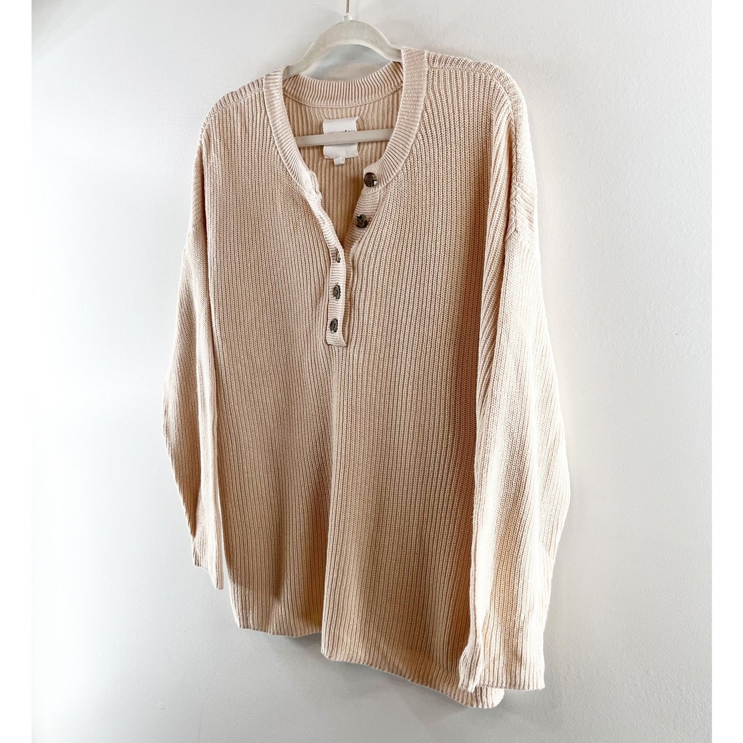 Aerie Long Sleeve Ribbed Oversized Henley Sweater Beige Tan Medium