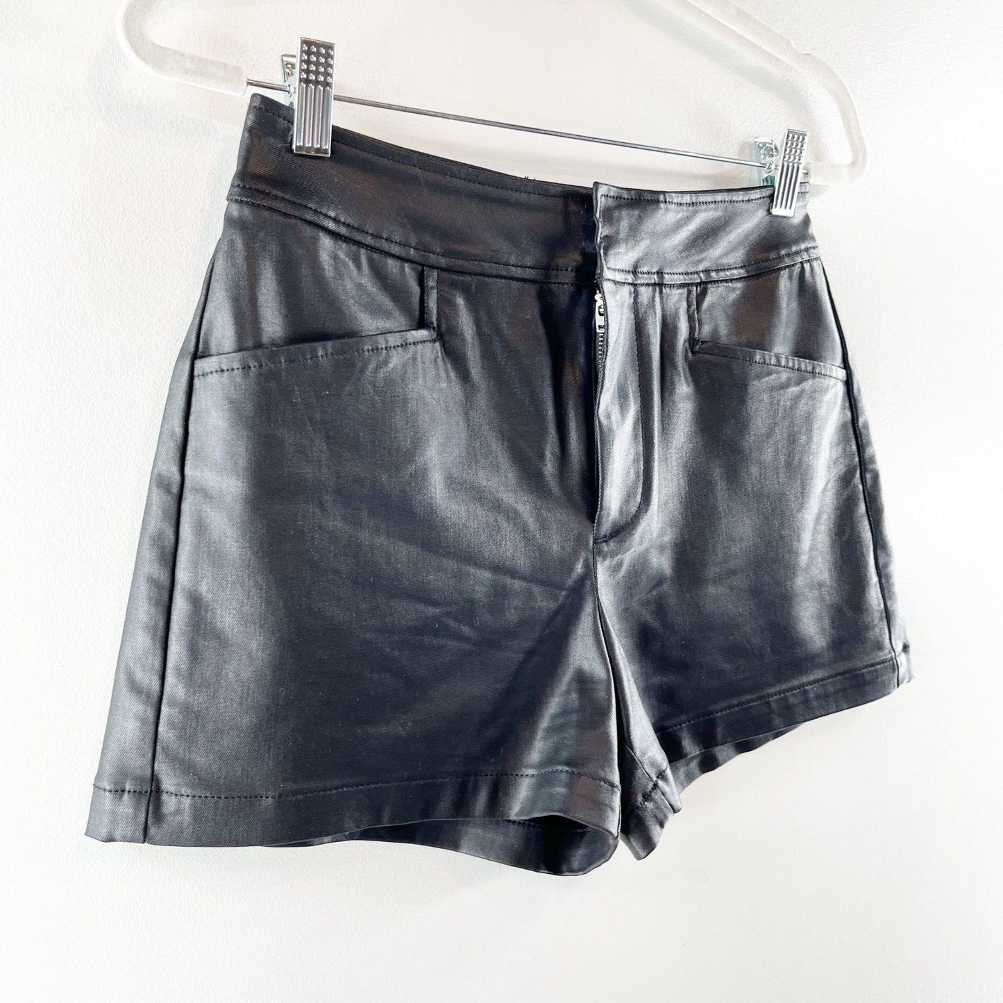 Sanctuary Coated Mya Faux Leather High Waisted Trouser Shorts Black 27