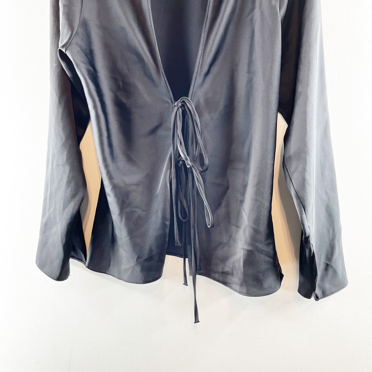 Zara Tie Front Long Sleeve Satin Blouse Shirt Black XL
