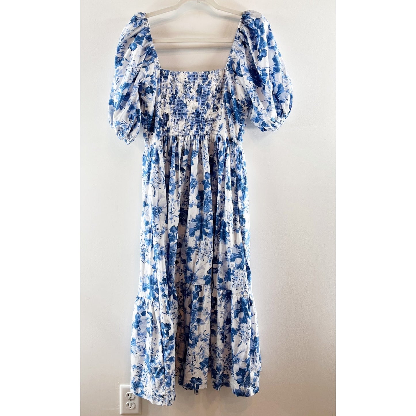 Abercrombie & Fitch Emerson Short Puff Sleeve Square Neck Floral Midi Dress Blue
