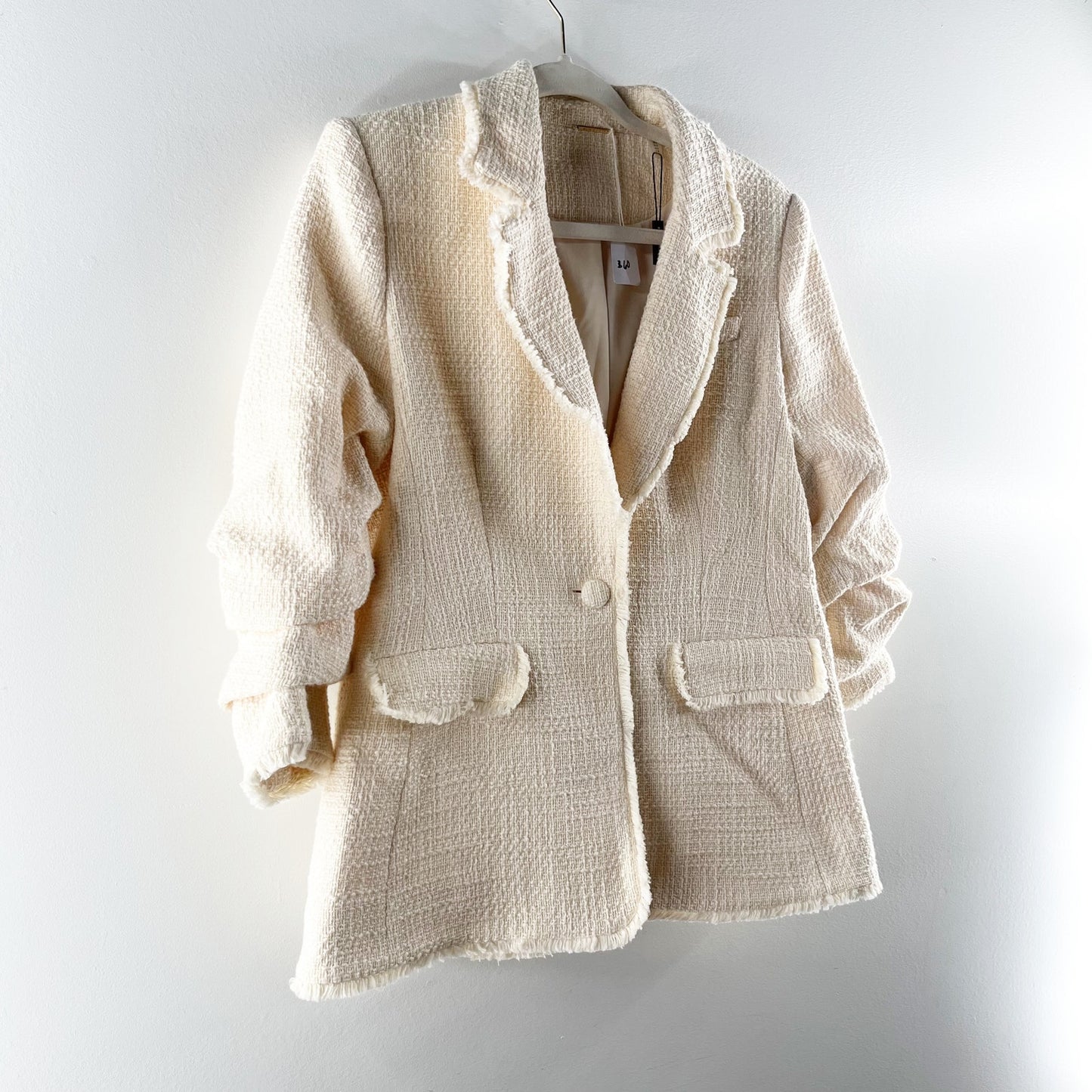 Elie Tahari Tweed Fringe Single Button Ruched Sleeve Blazer Jacket Cream 8