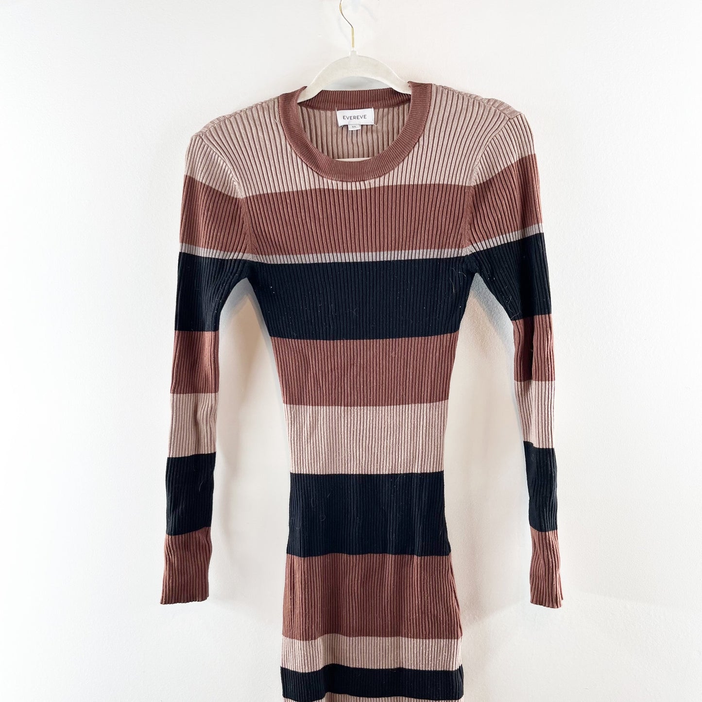 Evereve Ribbed Long Sleeve Striped Sweater Midi Dress Brown XS