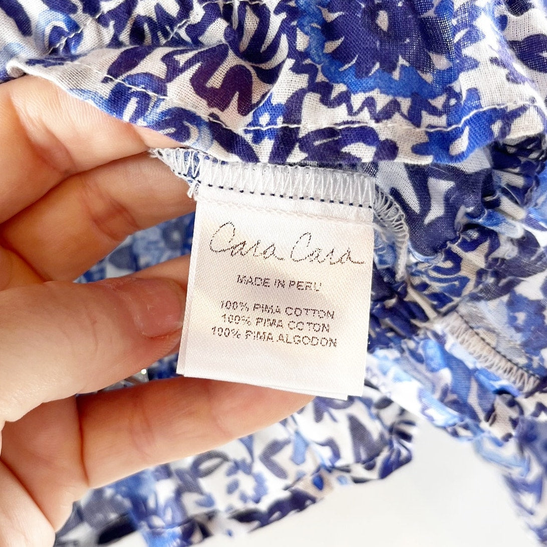 Cara Cara Perrin Floral Button Up Tie Hem Top Blouse Blue Medium