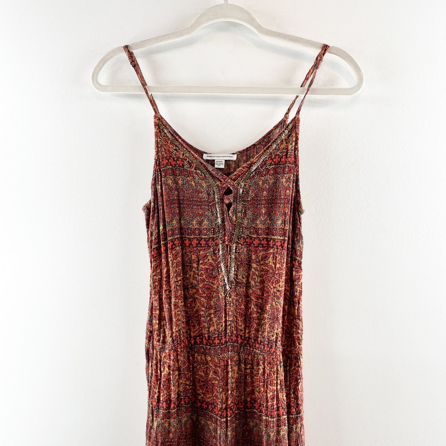 American Eagle Wide Leg Boho Print One Piece Sleeveless Jumpsuit Red Orange M