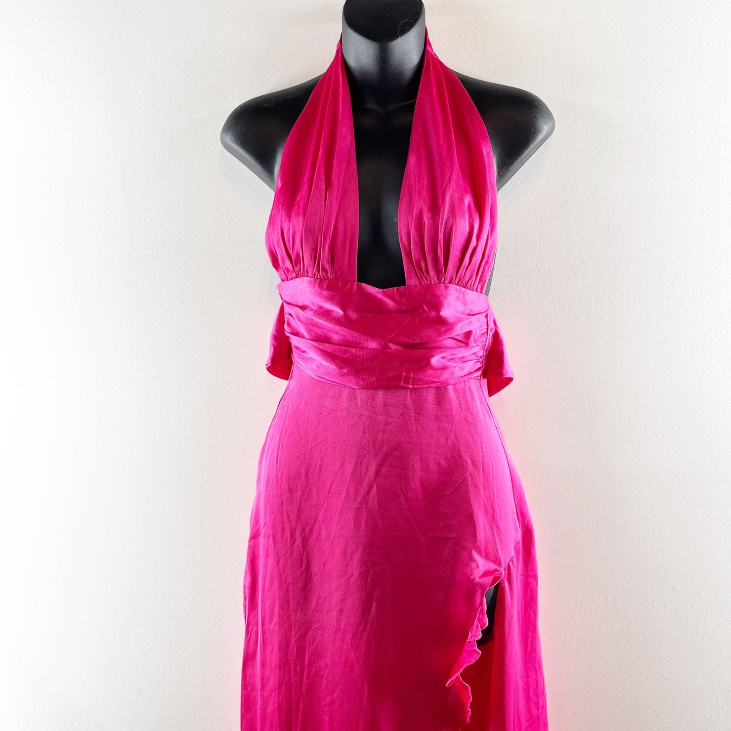 Lucy In The Sky Plunge Tie Back Ruffle Slit Satin Maxi Dress Gown Pink XXS
