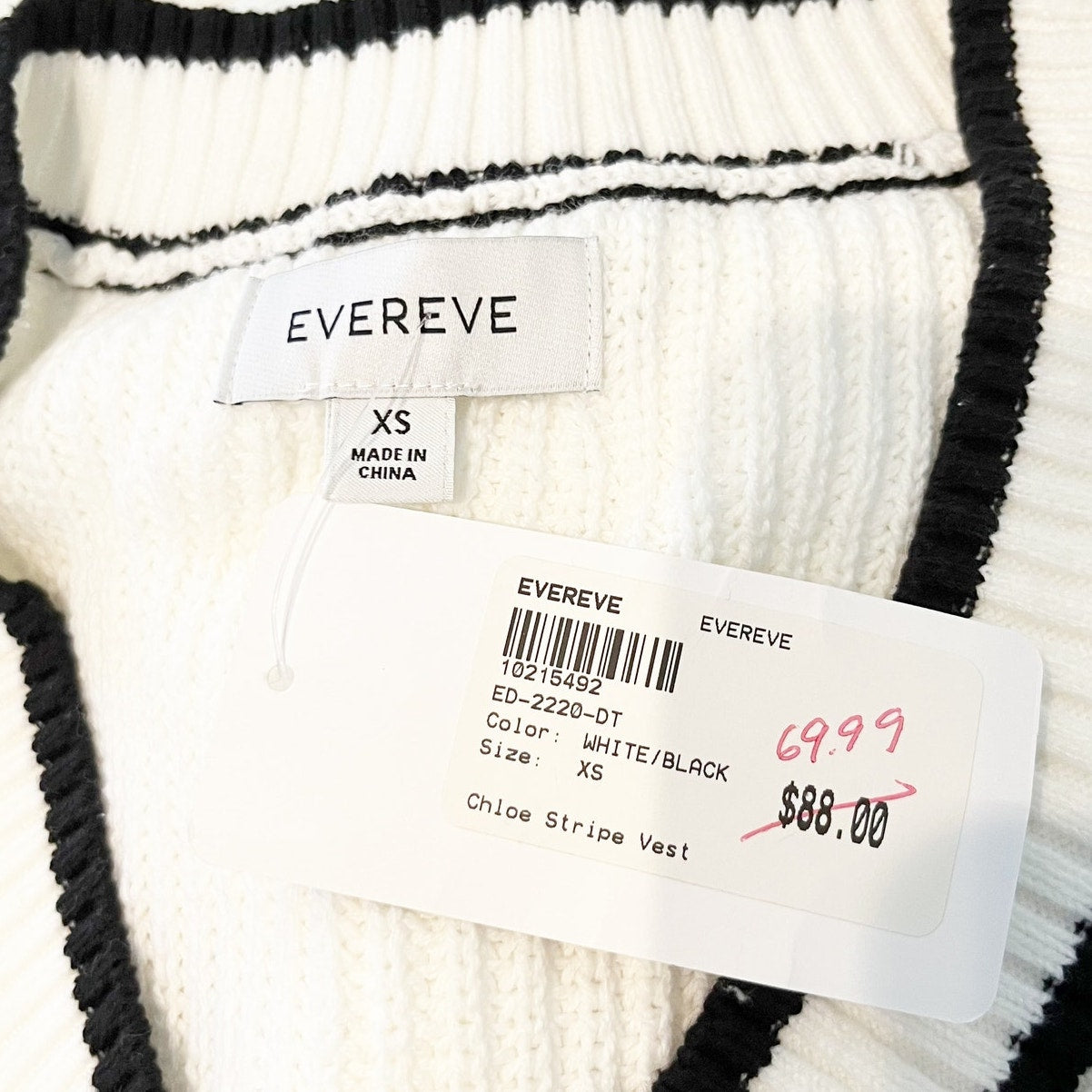 Evereve Chloe V Neck Sleeveless Sweater Stripe Vest White Black XS