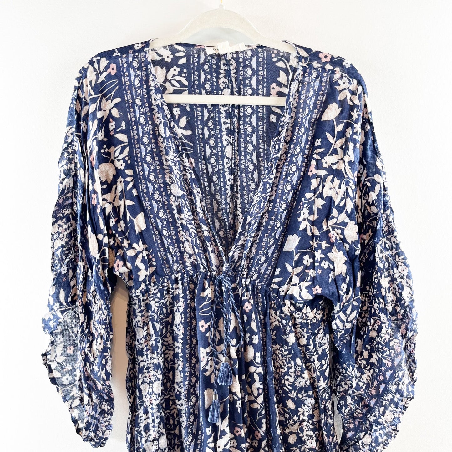 Lovestitch Kimono Bell Flare Sleeve V Neck Mini Dress Blue Medium