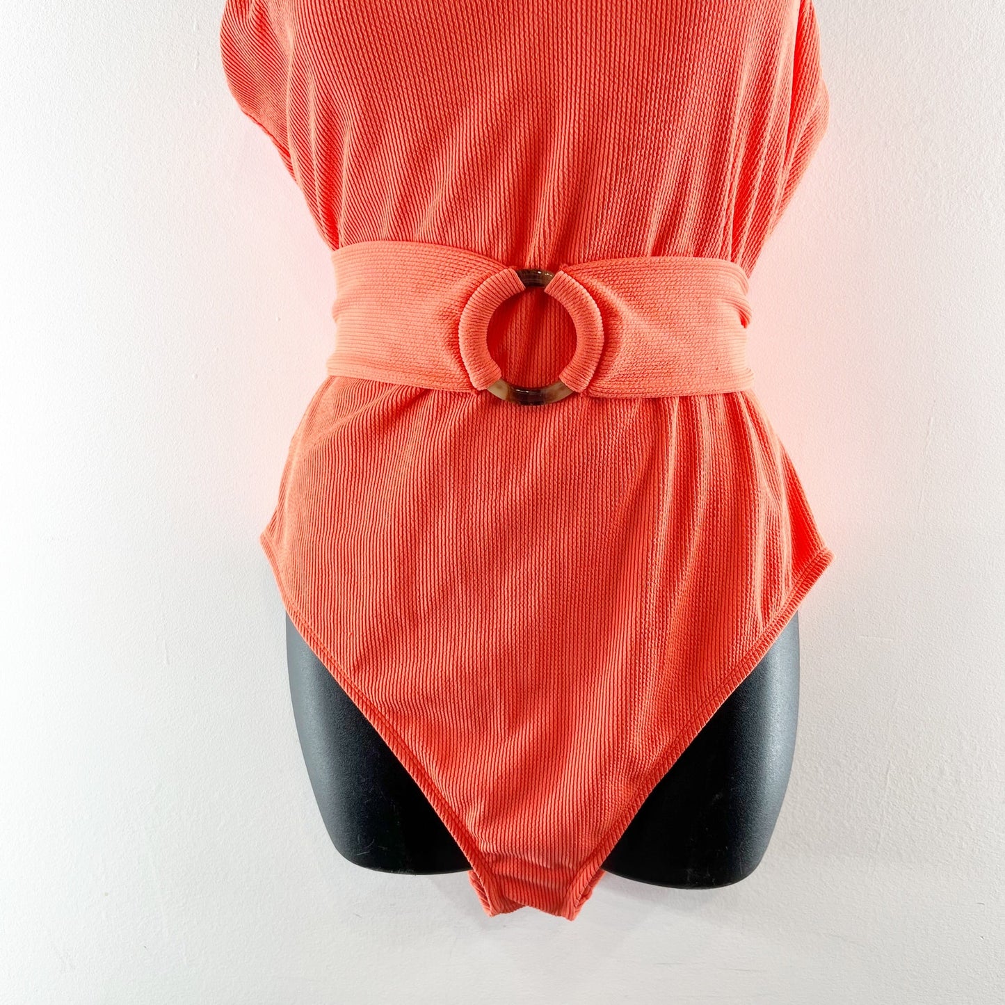 Jessica Simpson V Neck Ribbed One Piece Belted Swimsuit Orange XL
