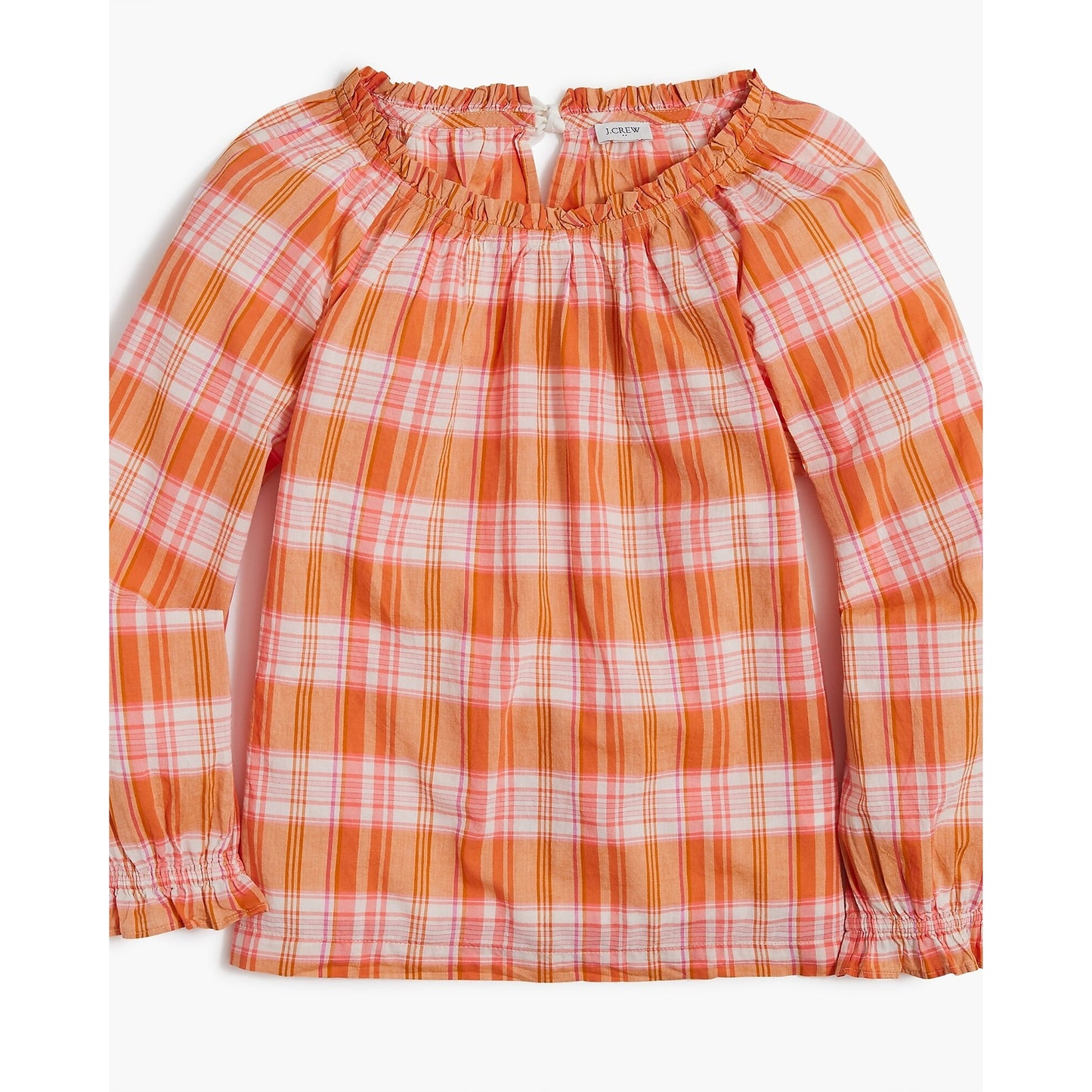 j. Crew Long Sleeve Ruffle Tie Back Plaid Cotton Blouse Top Orange Pink Large