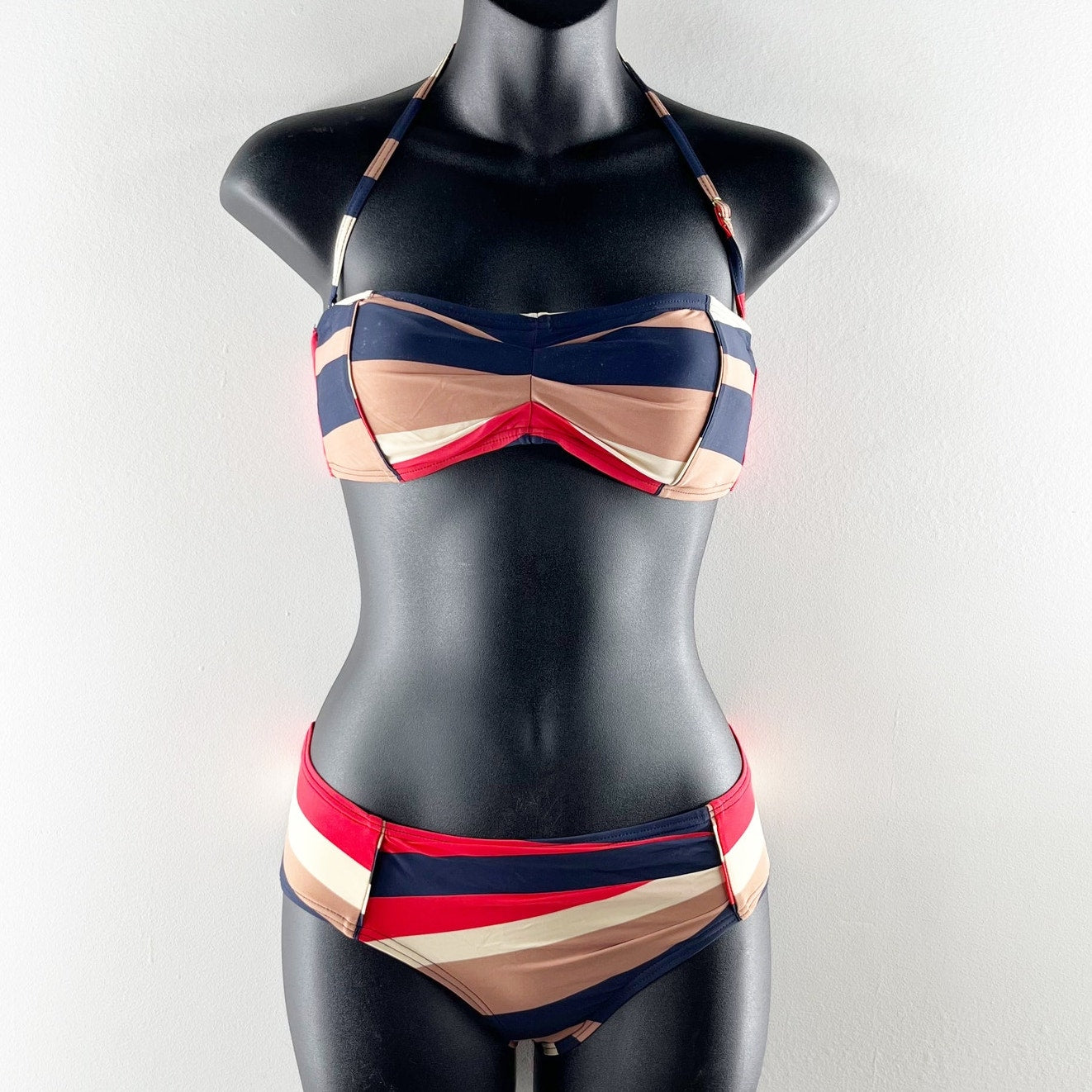 Marc Jacobs Removable Halter Mid Rise Stripe Bikini Navy Red Tan Small / Medium