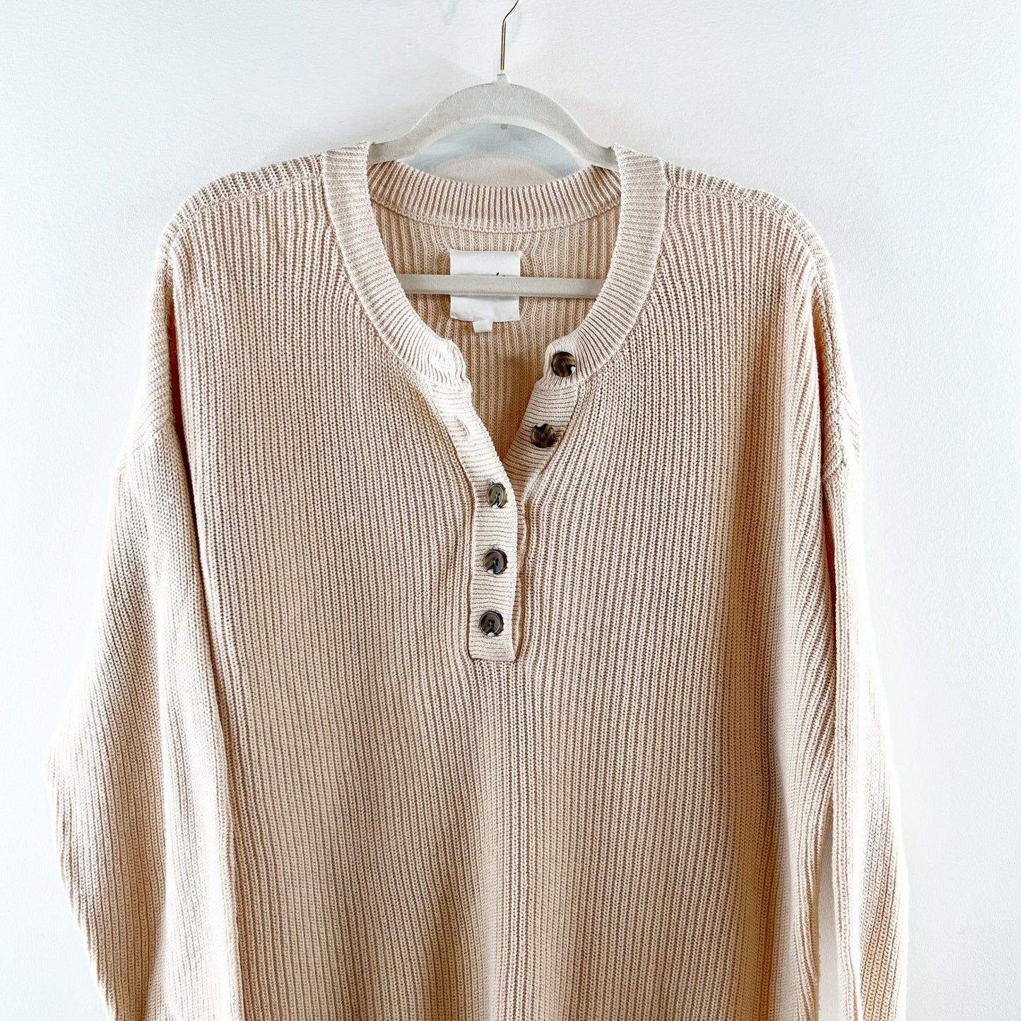Aerie Long Sleeve Ribbed Oversized Henley Sweater Beige Tan Medium