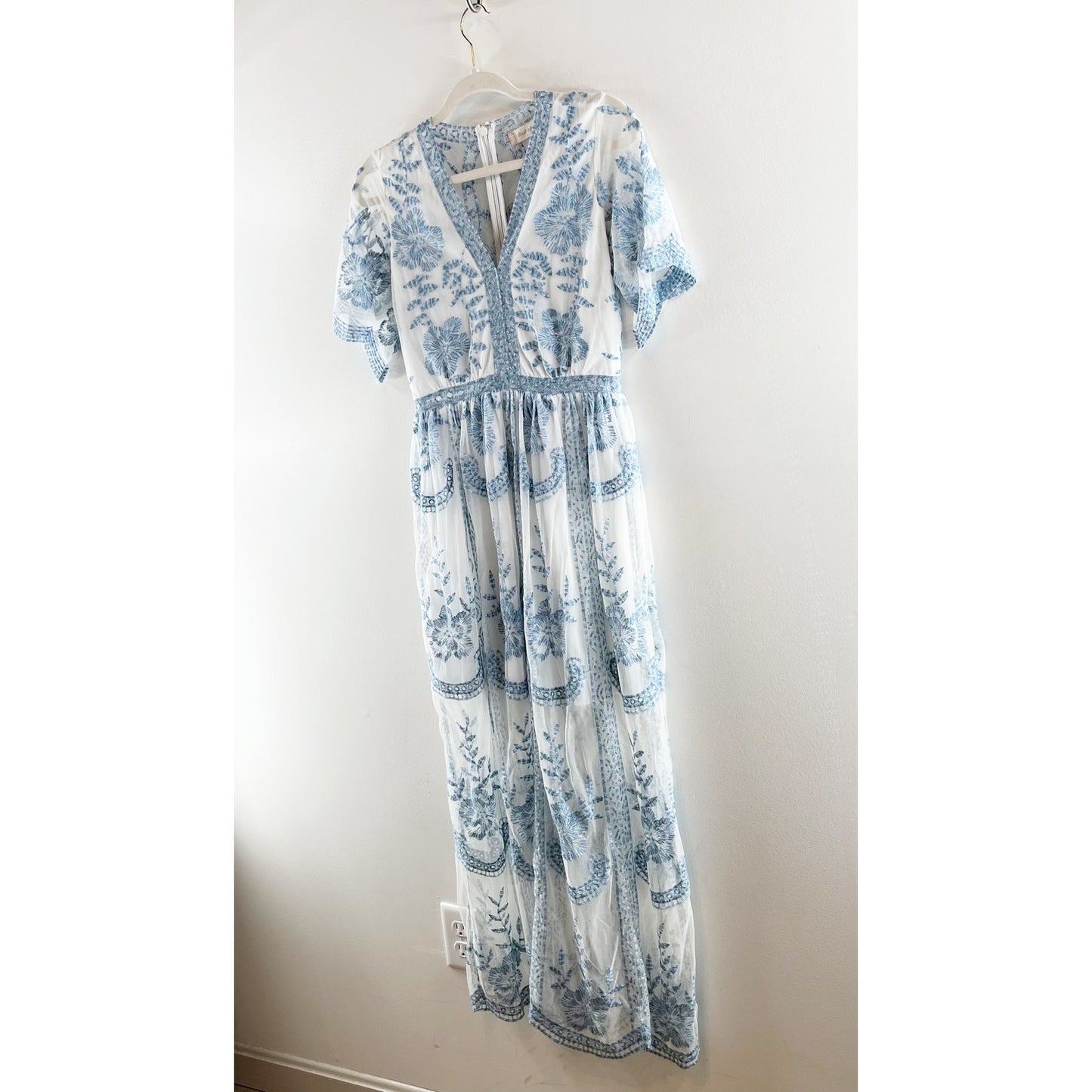 Altar'd State Short Sleeve Embroidered Sheer Boho Lace Catania Maxi Dress Blue S