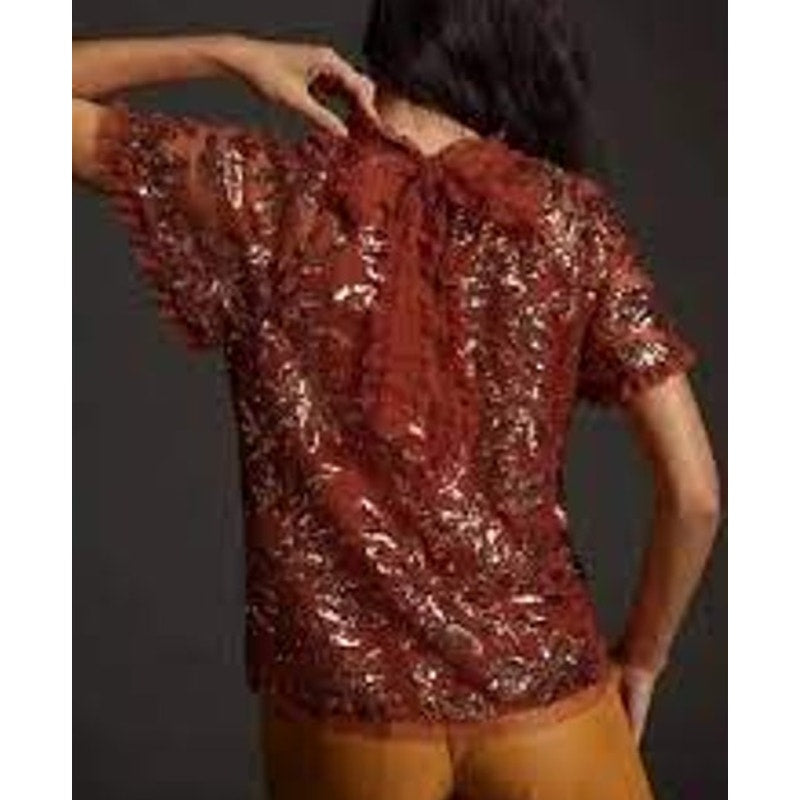 Anthropologie Keyhole Cutout Short Sleeve Sequin Top Blouse Burnt Orange Medium