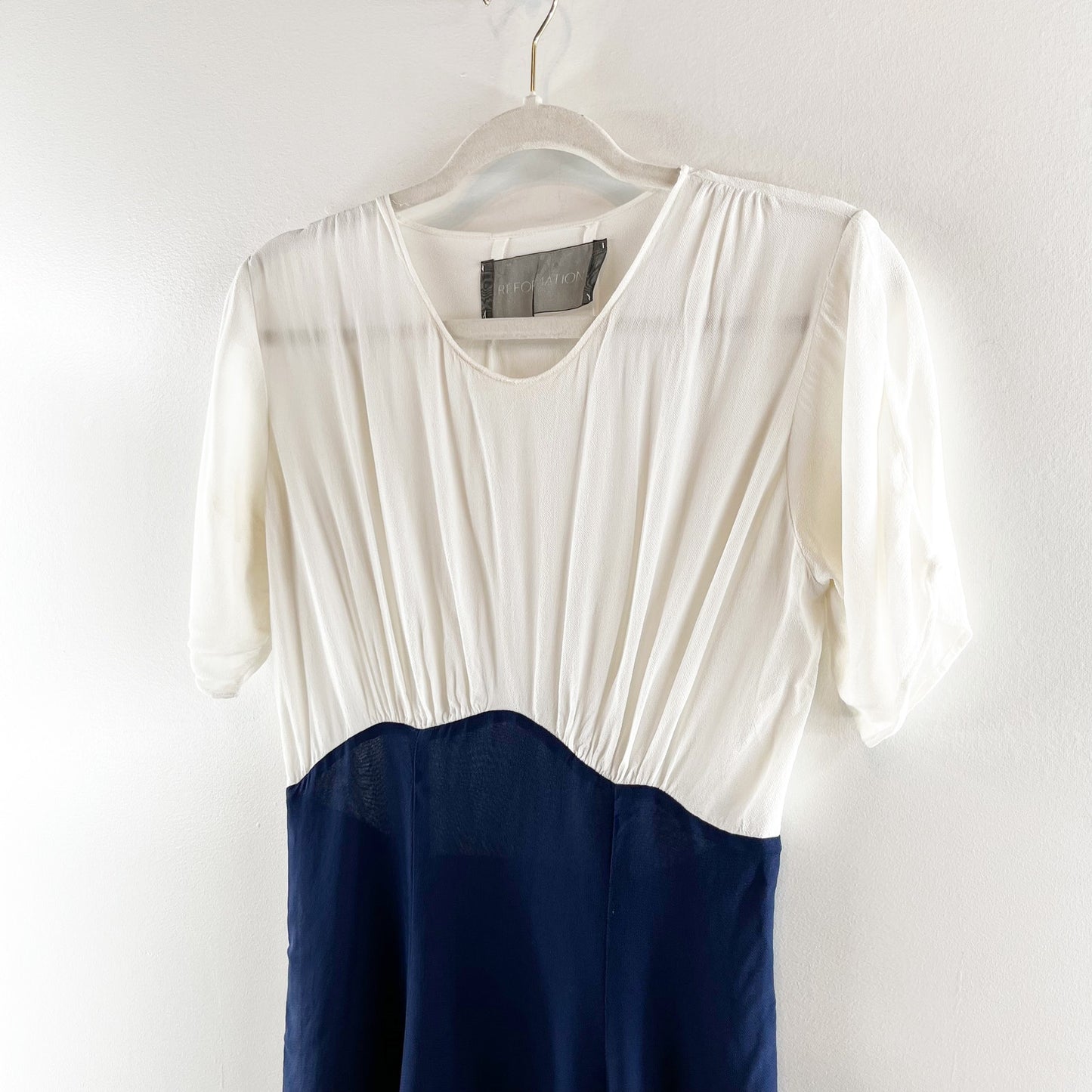 Reformation Chiffon Colorblock Short Sleeve Mini Dress White Navy Blue Medium
