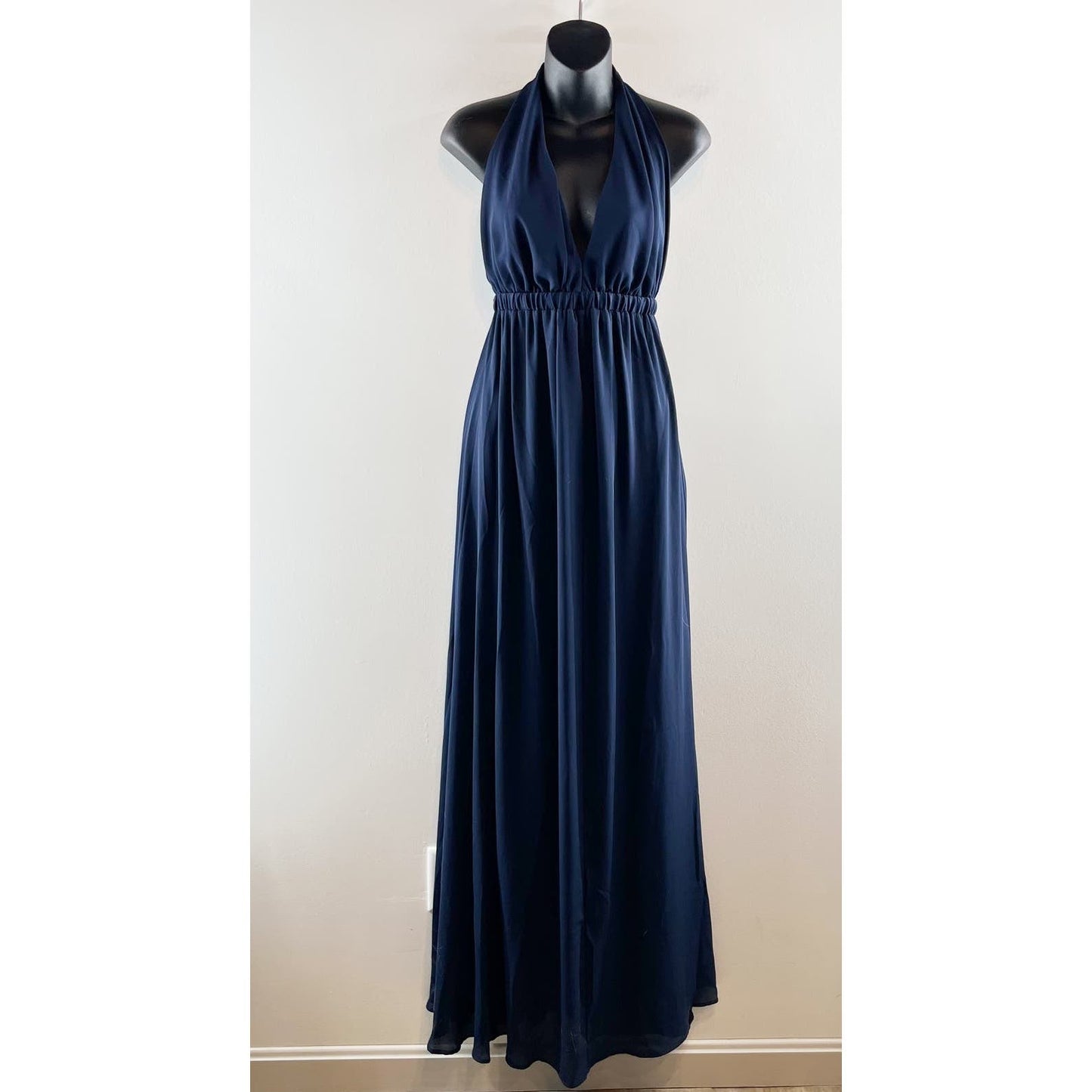 Show Me Your Mumu Plunge V Neck Halter Lined Maxi Gown Dress Navy Blue Medium