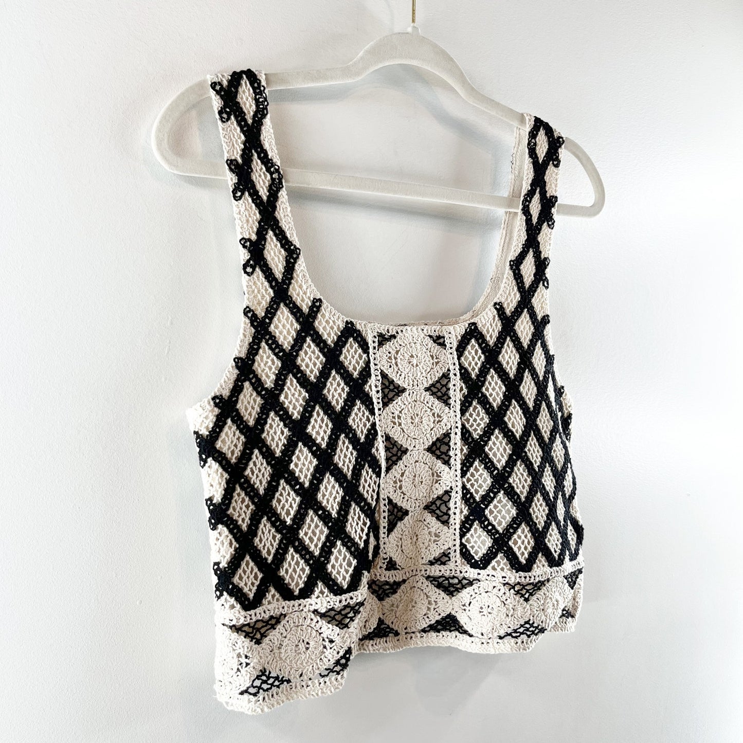Z Supply Calle Square Neck Crochet Cropped Tank Top Tan Black Small